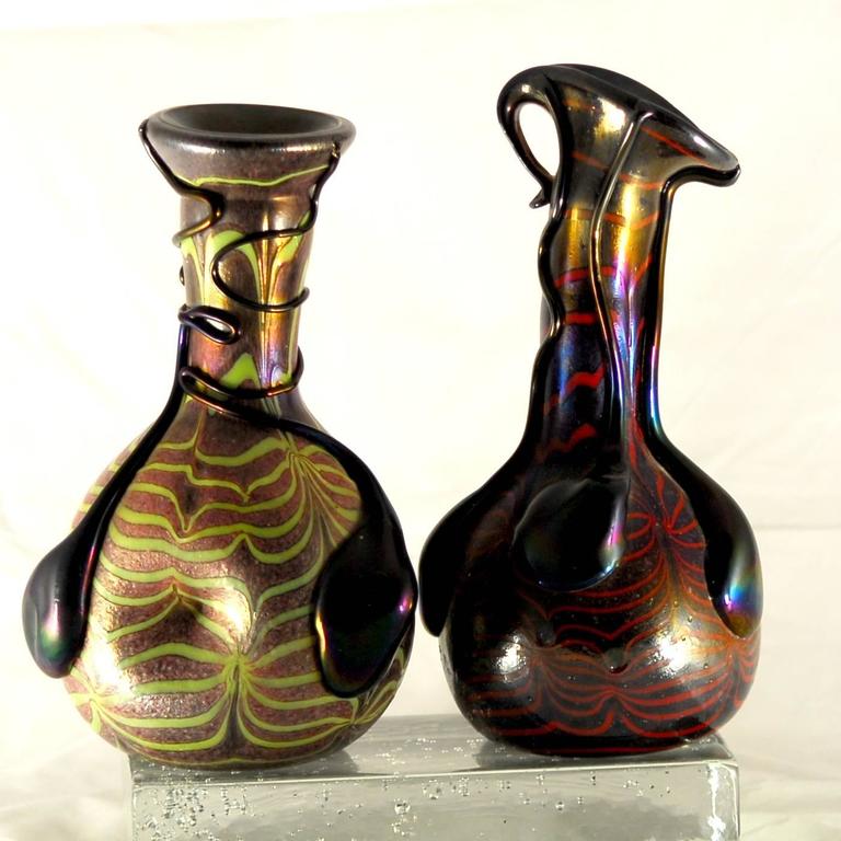 Italian Sergio Rossi, Two Murano iridescent vases in the Style of Loetz, 1980 For Sale