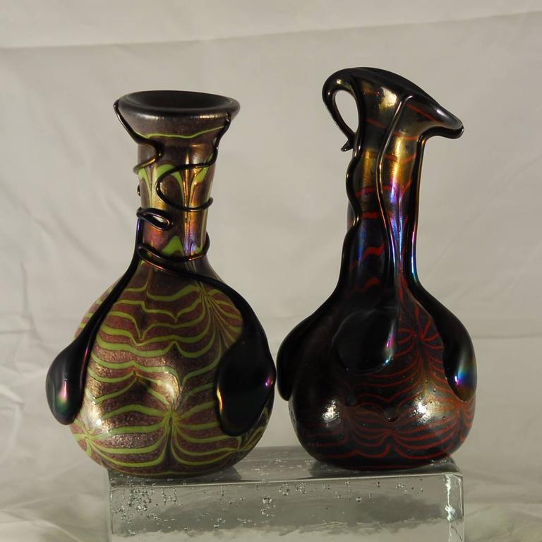 Art Glass Sergio Rossi, Two Murano iridescent vases in the Style of Loetz, 1980 For Sale