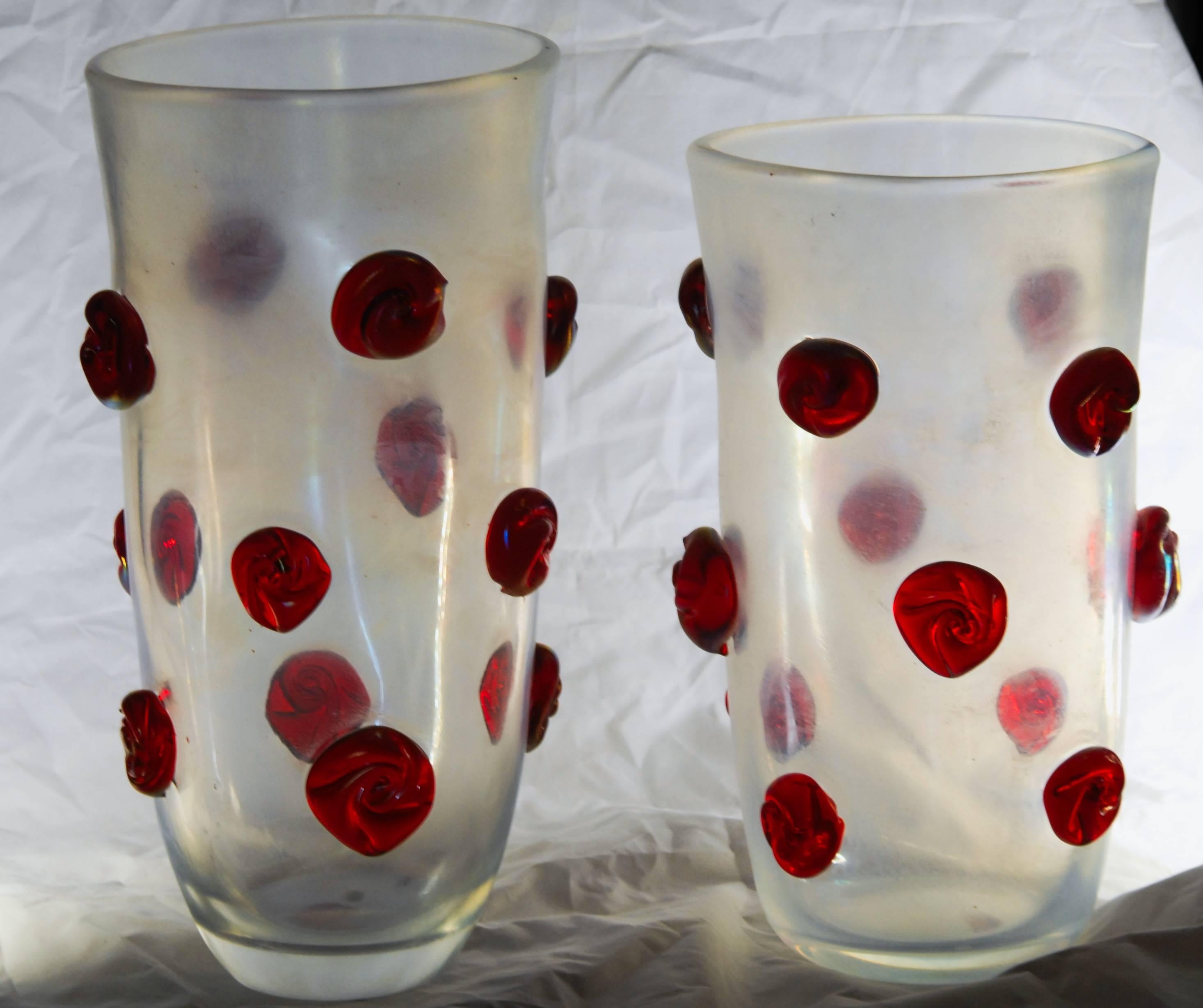 Mid-Century Modern Alberto Donà, Two Vases, Clear Deep Iridescence and Solid Red Rosettes Glass