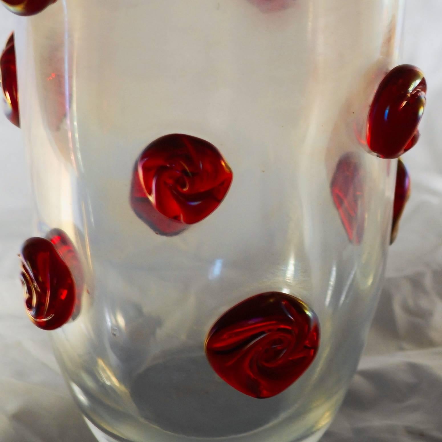 Italian Alberto Donà, Two Vases, Clear Deep Iridescence and Solid Red Rosettes Glass