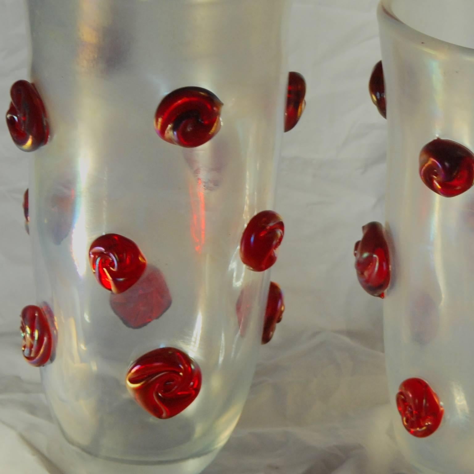 Contemporary Alberto Donà, Two Vases, Clear Deep Iridescence and Solid Red Rosettes Glass