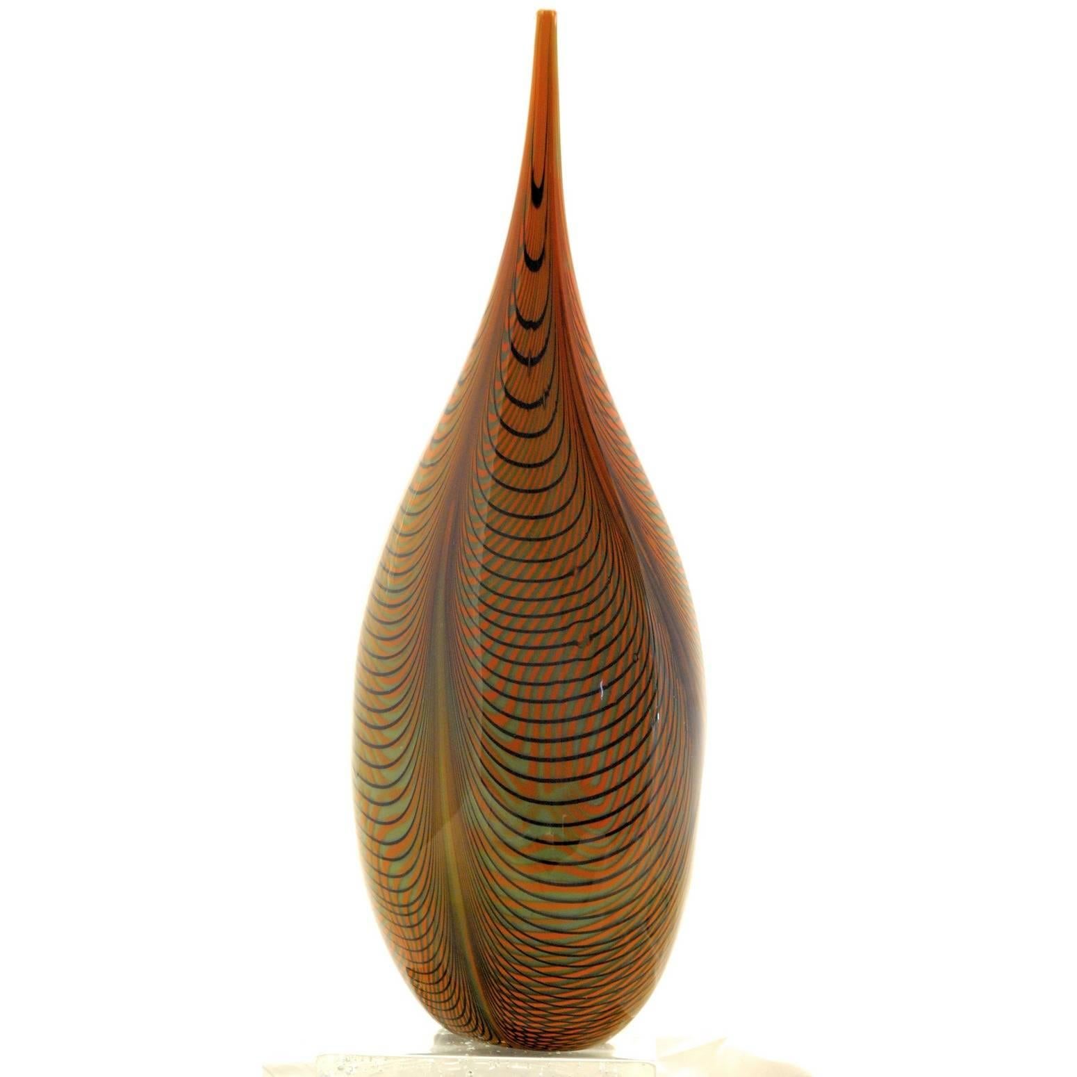 Italian Alberto Donà, Tall Feather Vase, Black Green Filigree over Terracotta Background For Sale