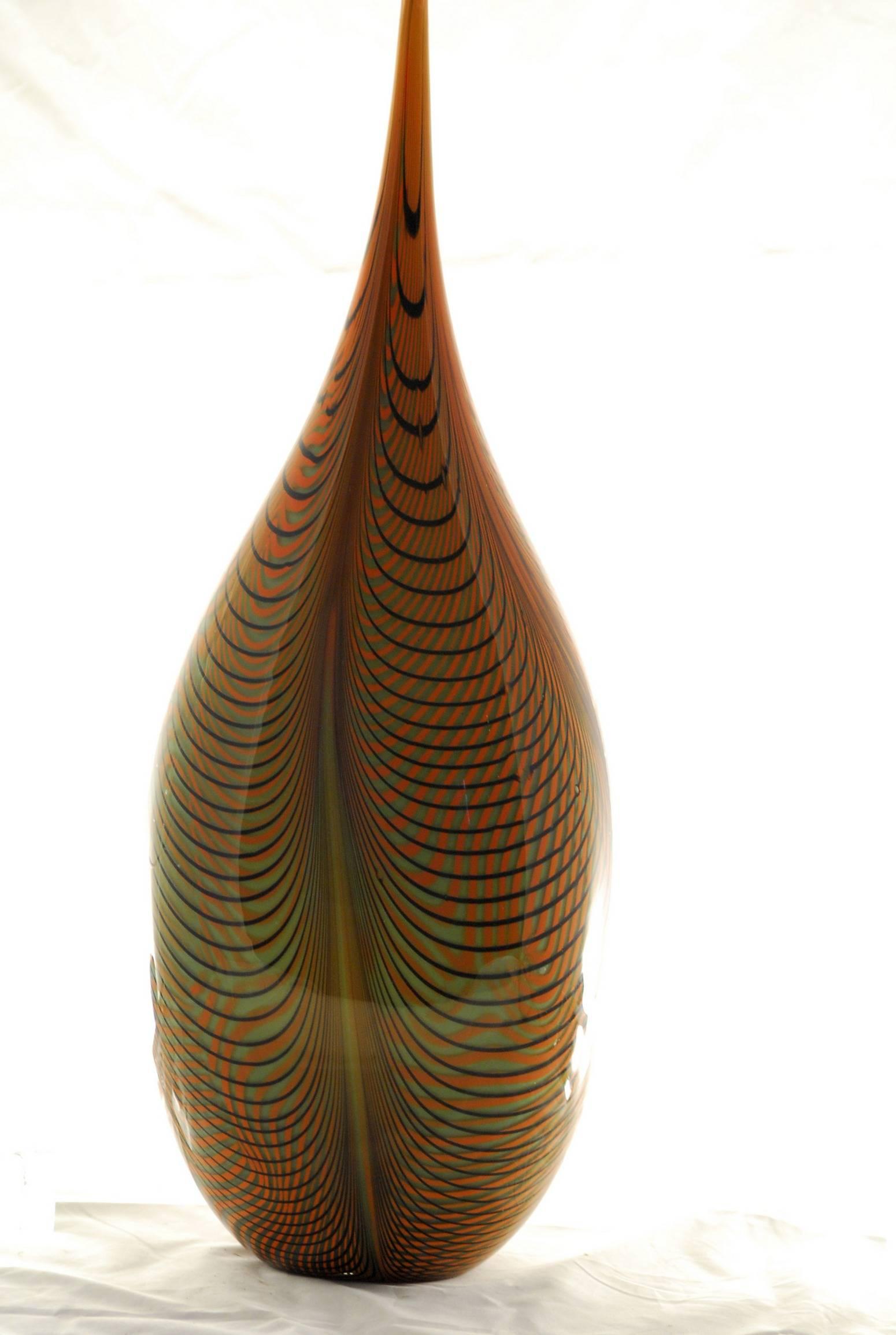 Contemporary Alberto Donà, Tall Feather Vase, Black Green Filigree over Terracotta Background For Sale