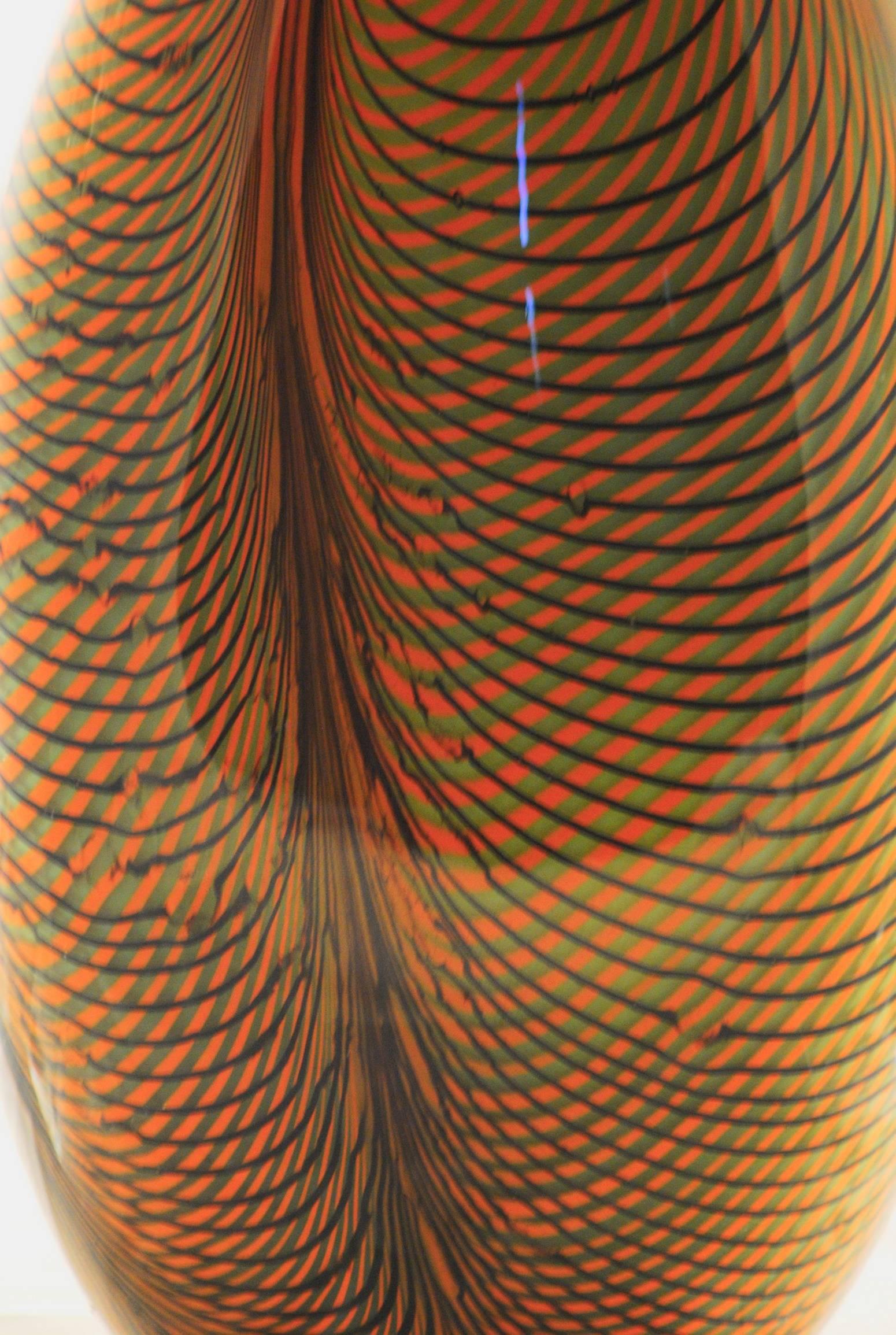 Art Glass Alberto Donà, Tall Feather Vase, Black Green Filigree over Terracotta Background For Sale