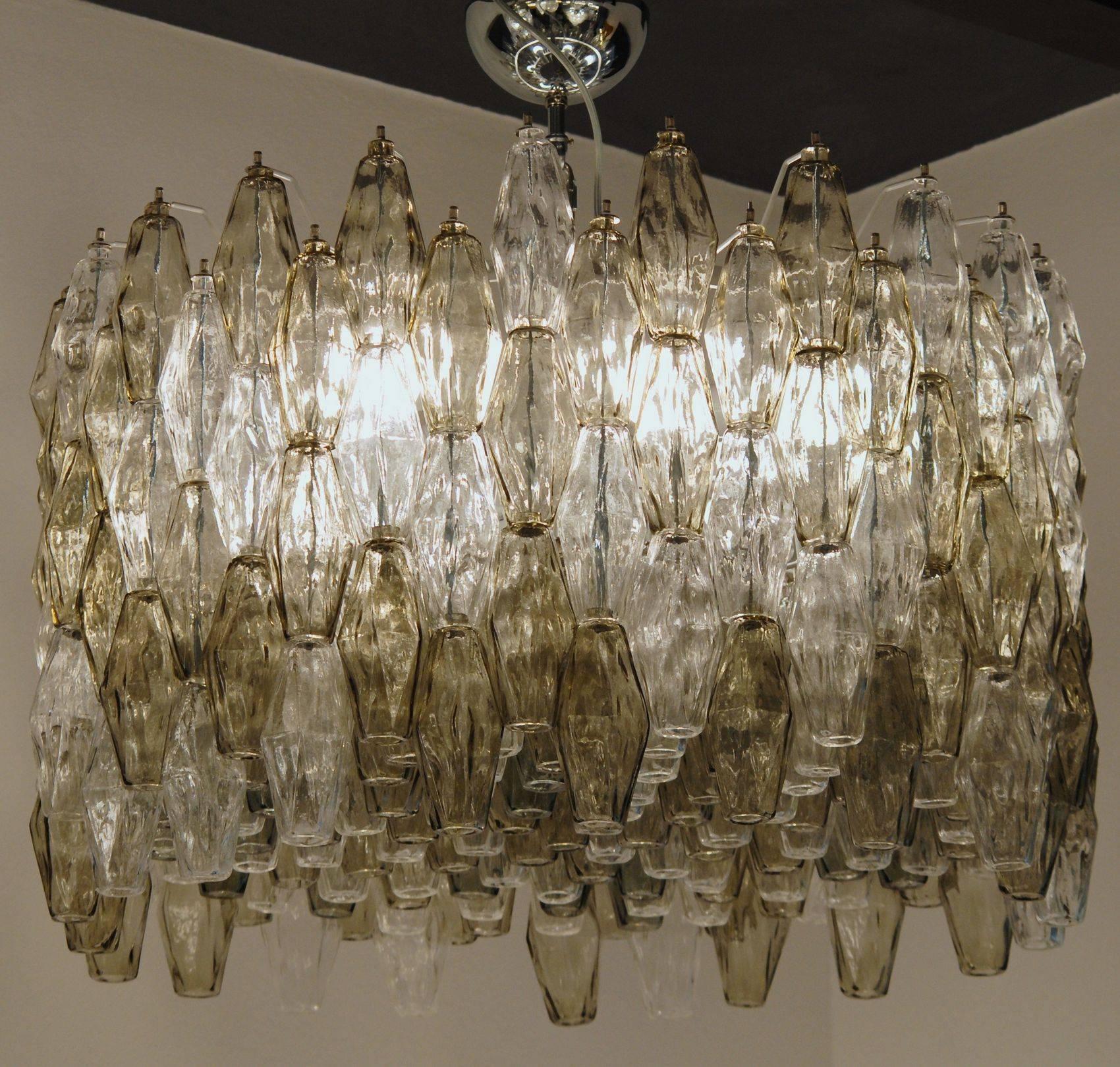 Blown Glass Poliedri Chandelier, Taupe and Clear, Murano Made, Midcentury Beauty, circa 1980