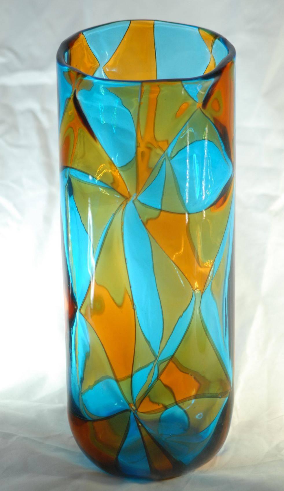 Mid-Century Modern Ercole Barovier, Aquamarine and Amber Intarsi Vase, Signed, Limited Edition 1976