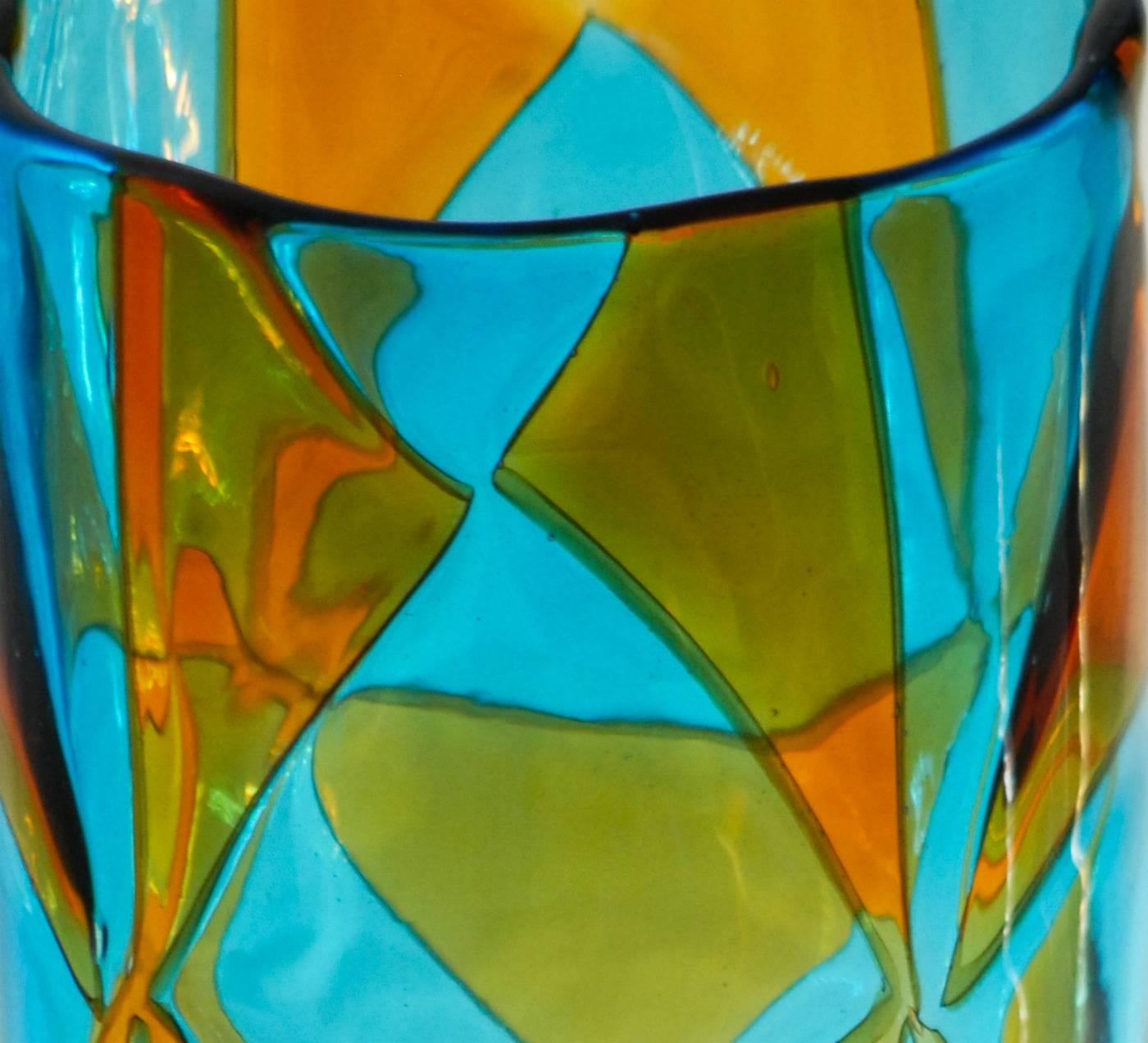 Late 20th Century Ercole Barovier, Aquamarine and Amber Intarsi Vase, Signed, Limited Edition 1976