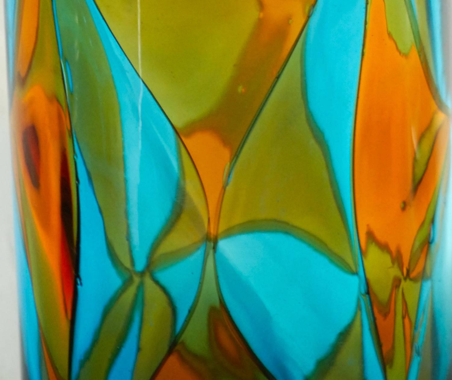 Art Glass Ercole Barovier, Aquamarine and Amber Intarsi Vase, Signed, Limited Edition 1976