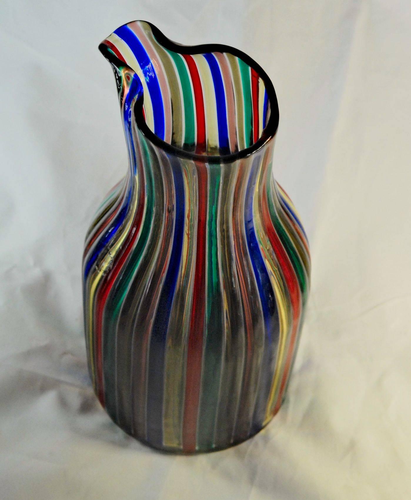 Colorful and vibrant pitcher of the A CANNE group designed by Giò Ponti. A collector’s item and a rare find.

A rare piece from Venini. Part of the “a canne” group designed by Giò Ponti. A sought-after piece.

Base reads and other