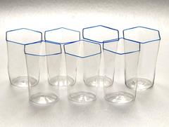 Set of Six Glasses, Hexagonal Cobalt Rim, Carlo Scarpa 1932 Design, Bonus Plate