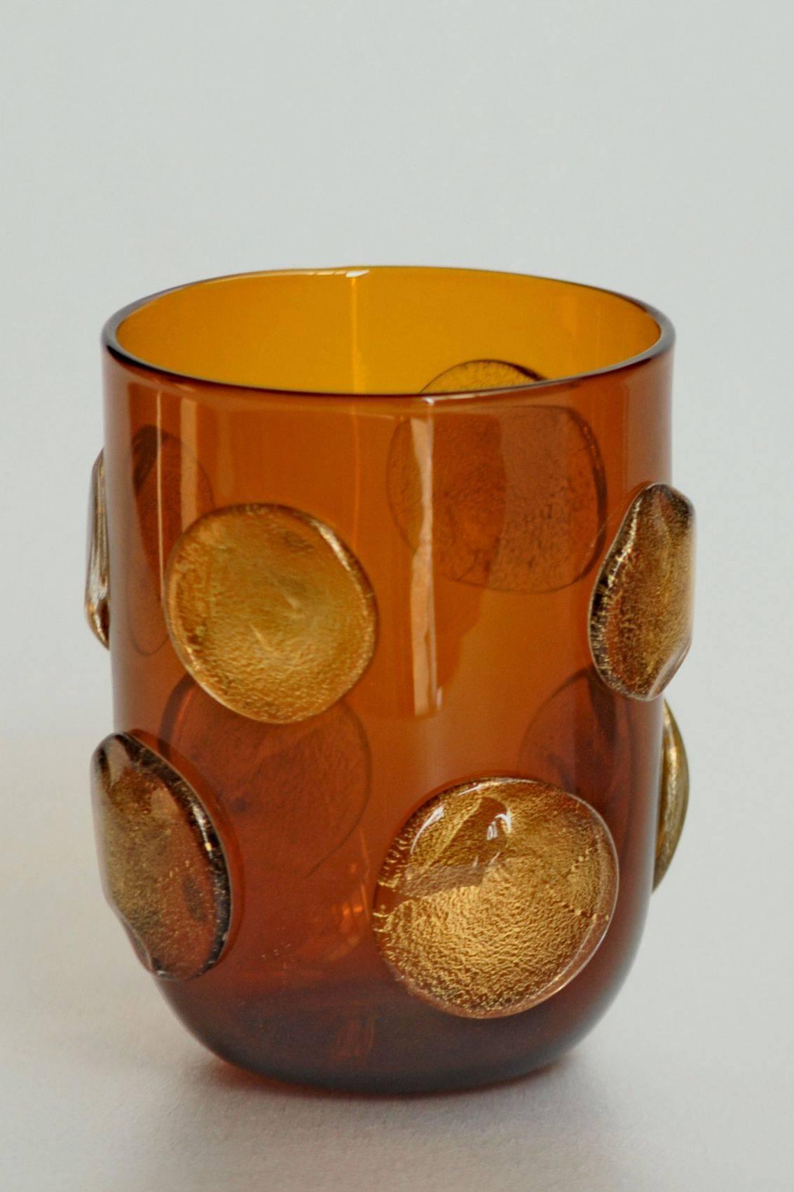 Mid-Century Modern Six Tumblers, Gold Leaf Applications on Deep Amber, Cenedese Style, Murano 1990s