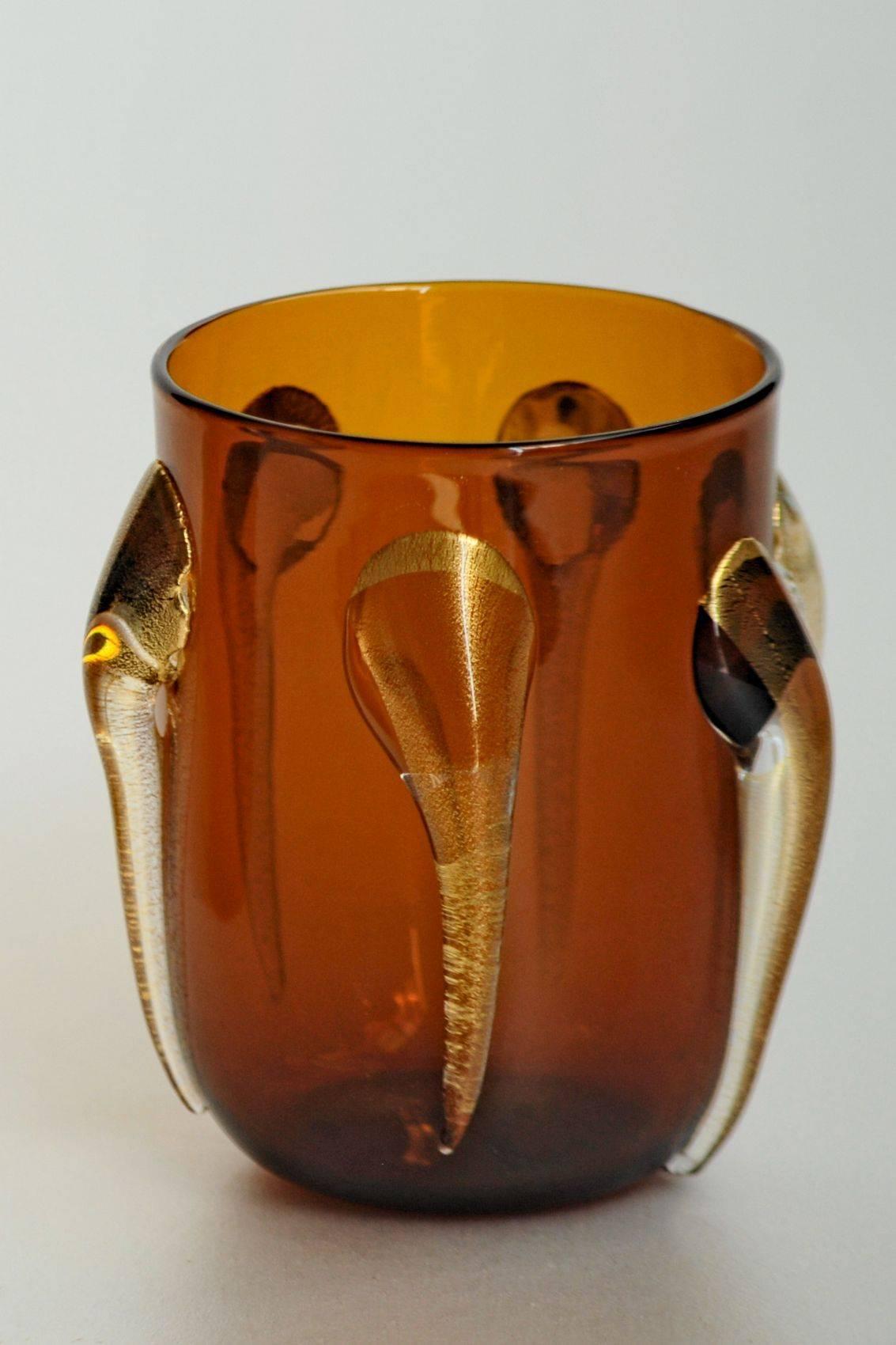 Italian Six Tumblers, Gold Leaf Applications on Deep Amber, Cenedese Style, Murano 1990s