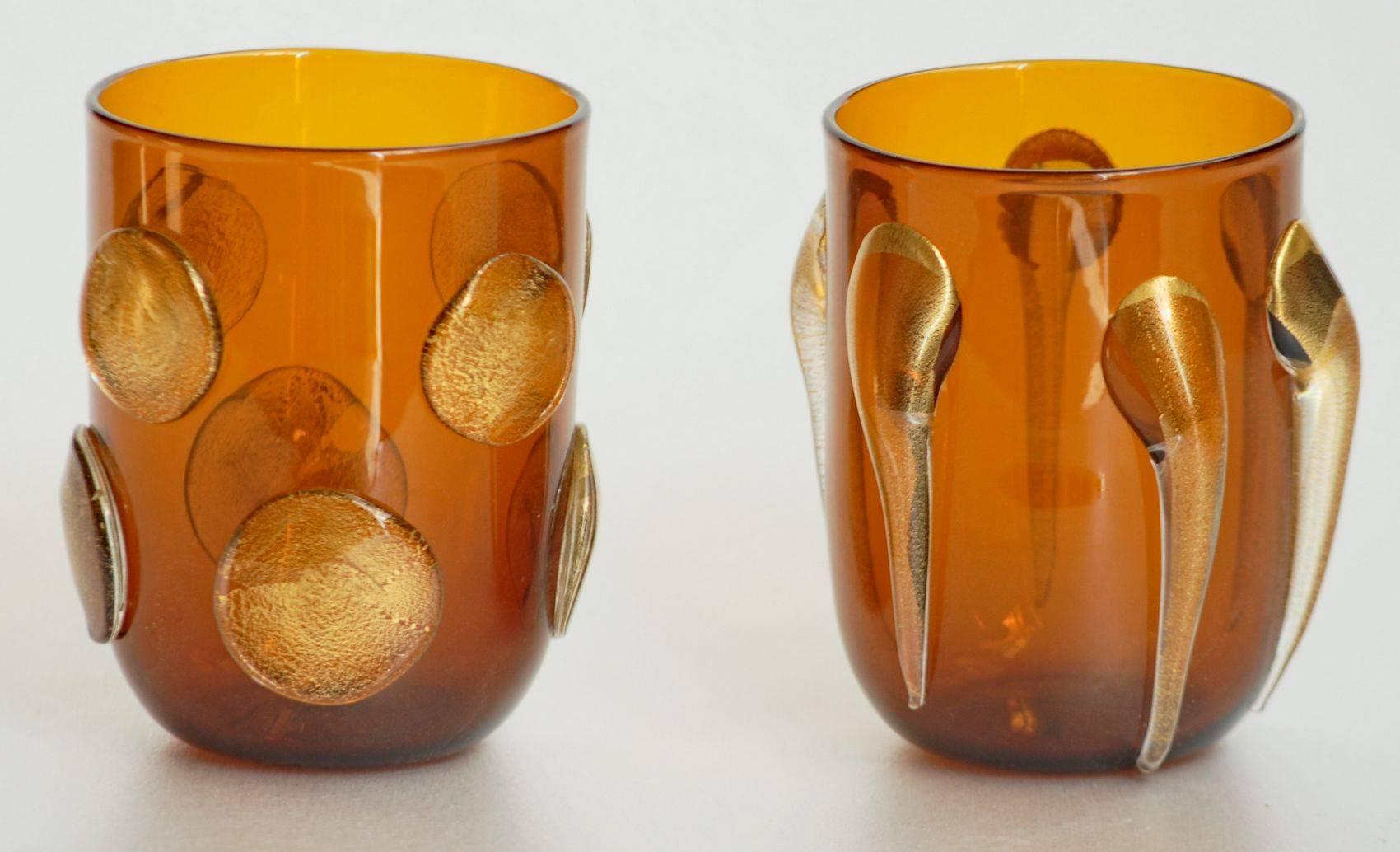 Late 20th Century Six Tumblers, Gold Leaf Applications on Deep Amber, Cenedese Style, Murano 1990s