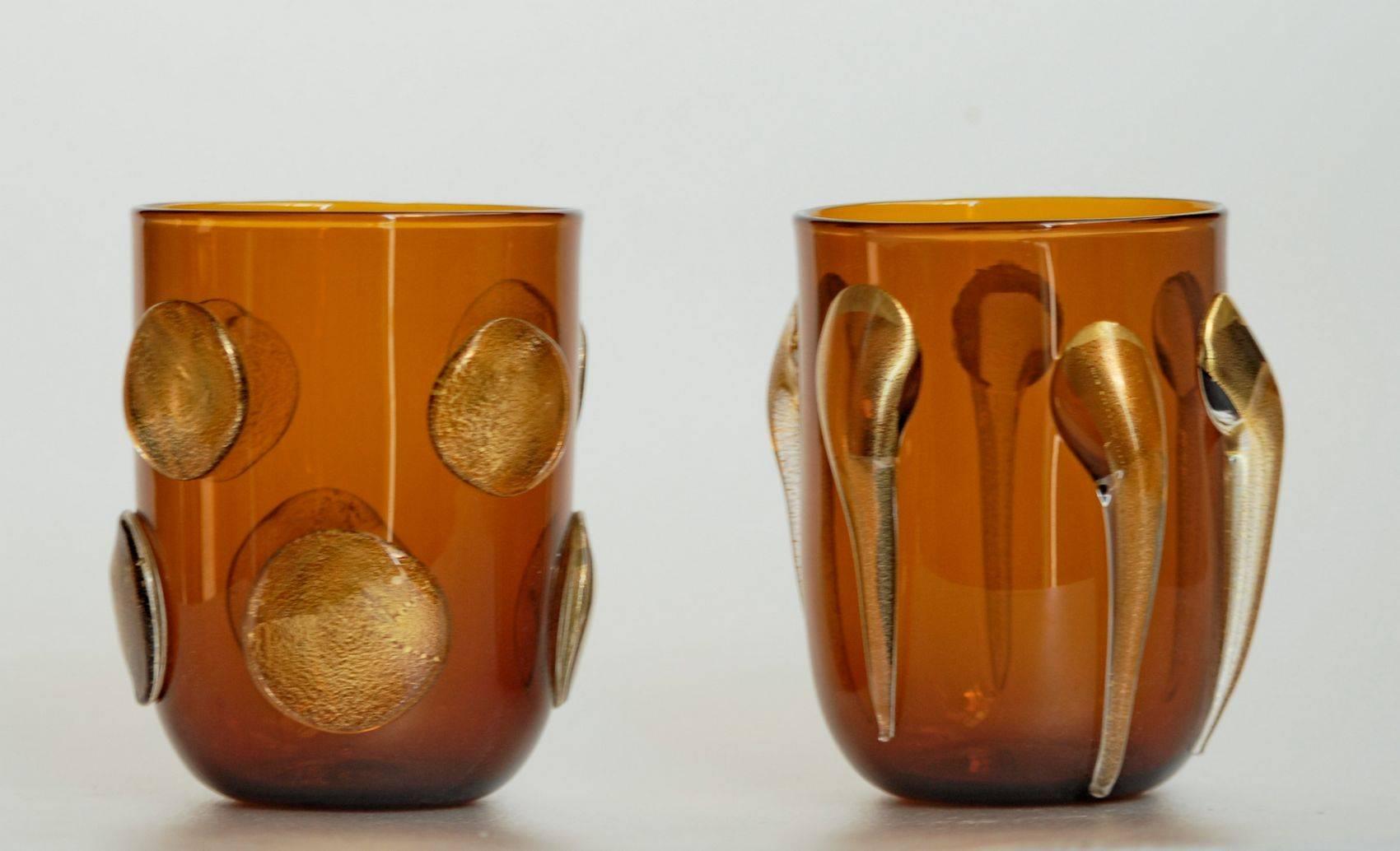 Art Glass Six Tumblers, Gold Leaf Applications on Deep Amber, Cenedese Style, Murano 1990s