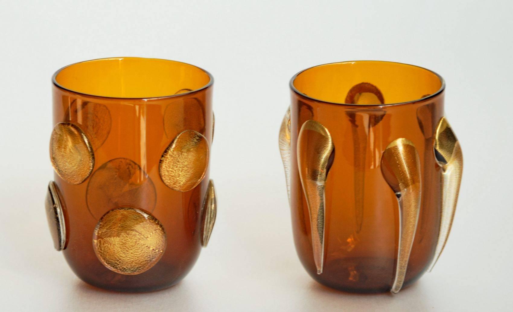 Six Tumblers, Gold Leaf Applications on Deep Amber, Cenedese Style, Murano 1990s 1