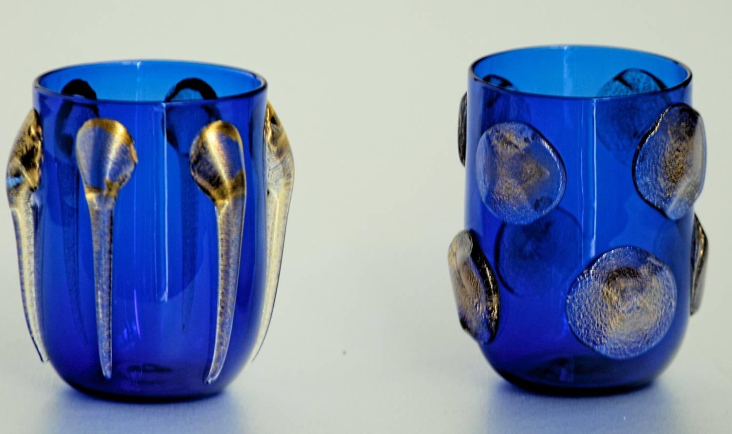 Italian Murano Tumblers, Gold Leaf Applications over Cobalt Blue, Cenedese Style, 1990s