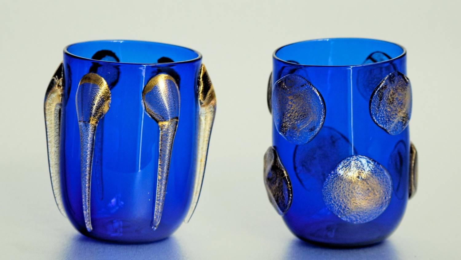 Murano Tumblers, Gold Leaf Applications over Cobalt Blue, Cenedese Style, 1990s In Excellent Condition In Tavarnelle val di Pesa, Florence