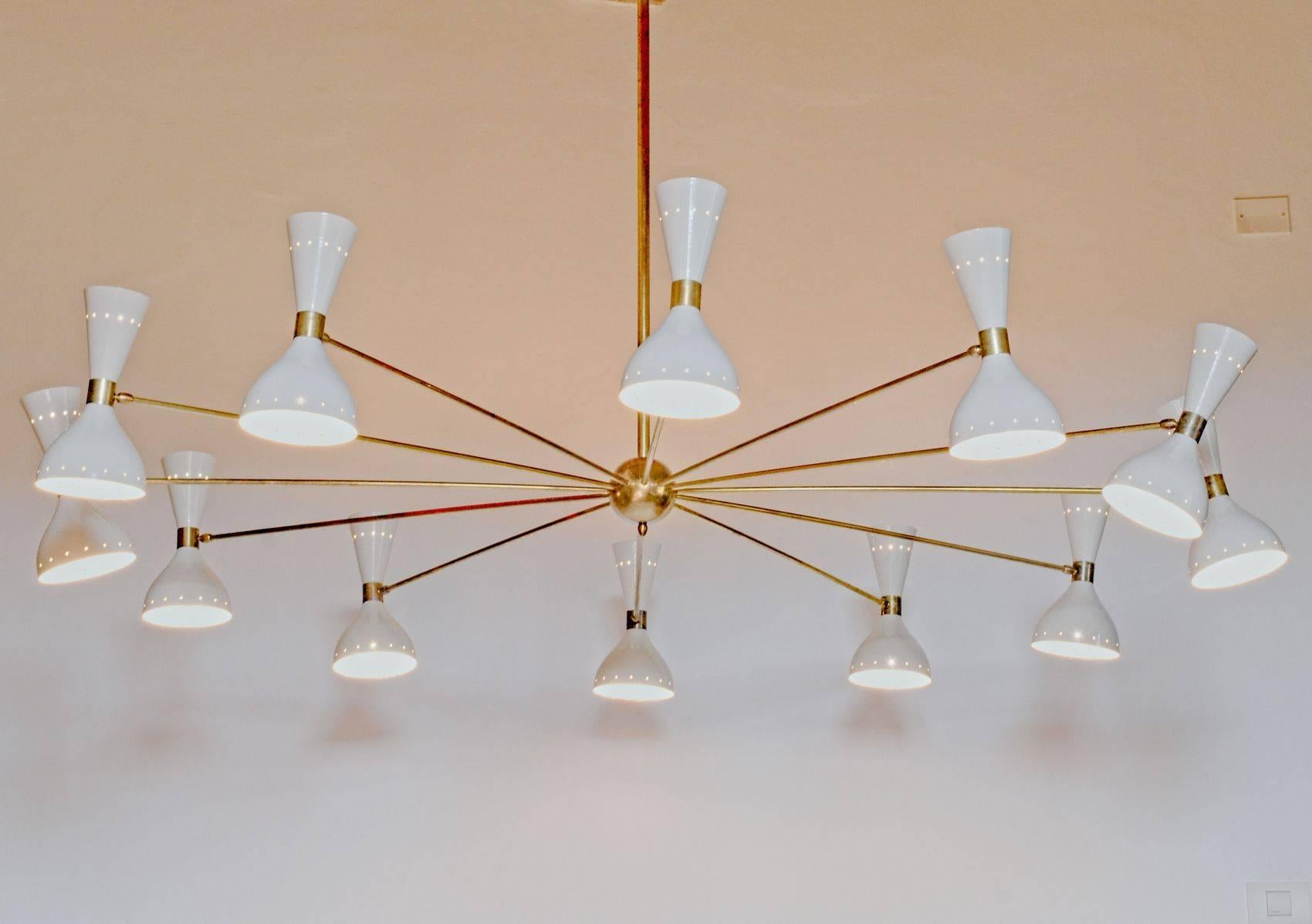 Mid-Century Modern Twelve Arms Natural Patina Brass Chandelier, Ivory Pivoting Heads, Twin Bulbs For Sale