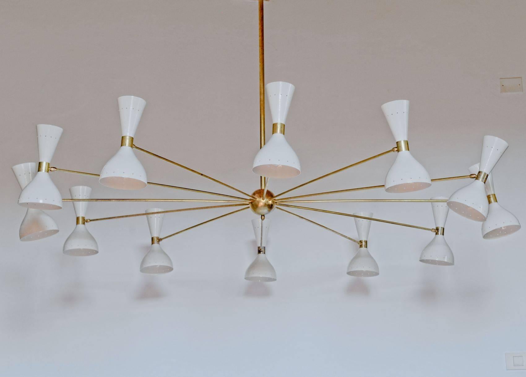 Italian Twelve Arms Natural Patina Brass Chandelier, Ivory Pivoting Heads, Twin Bulbs For Sale