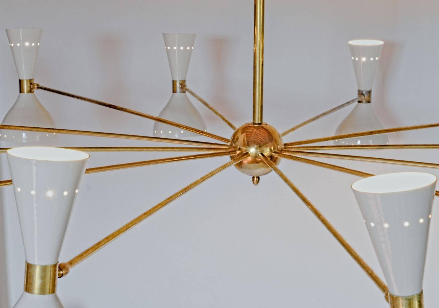Metal Twelve Arms Natural Patina Brass Chandelier, Ivory Pivoting Heads, Twin Bulbs For Sale