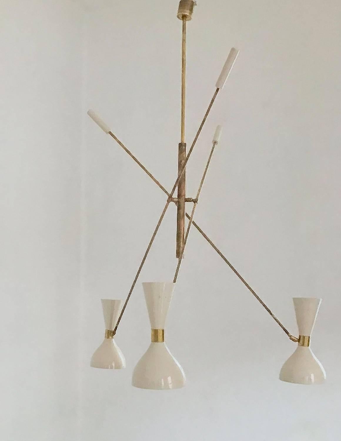 Contemporary Patinated brass and Ivory, Adjustable Three-Arm 'Triennale' Style Chandelier For Sale