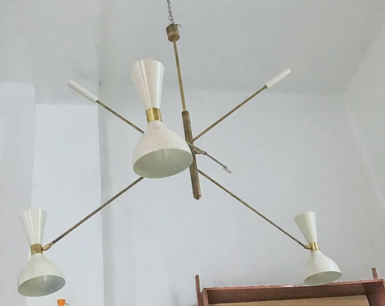 Brass Patinated brass and Ivory, Adjustable Three-Arm 'Triennale' Style Chandelier For Sale