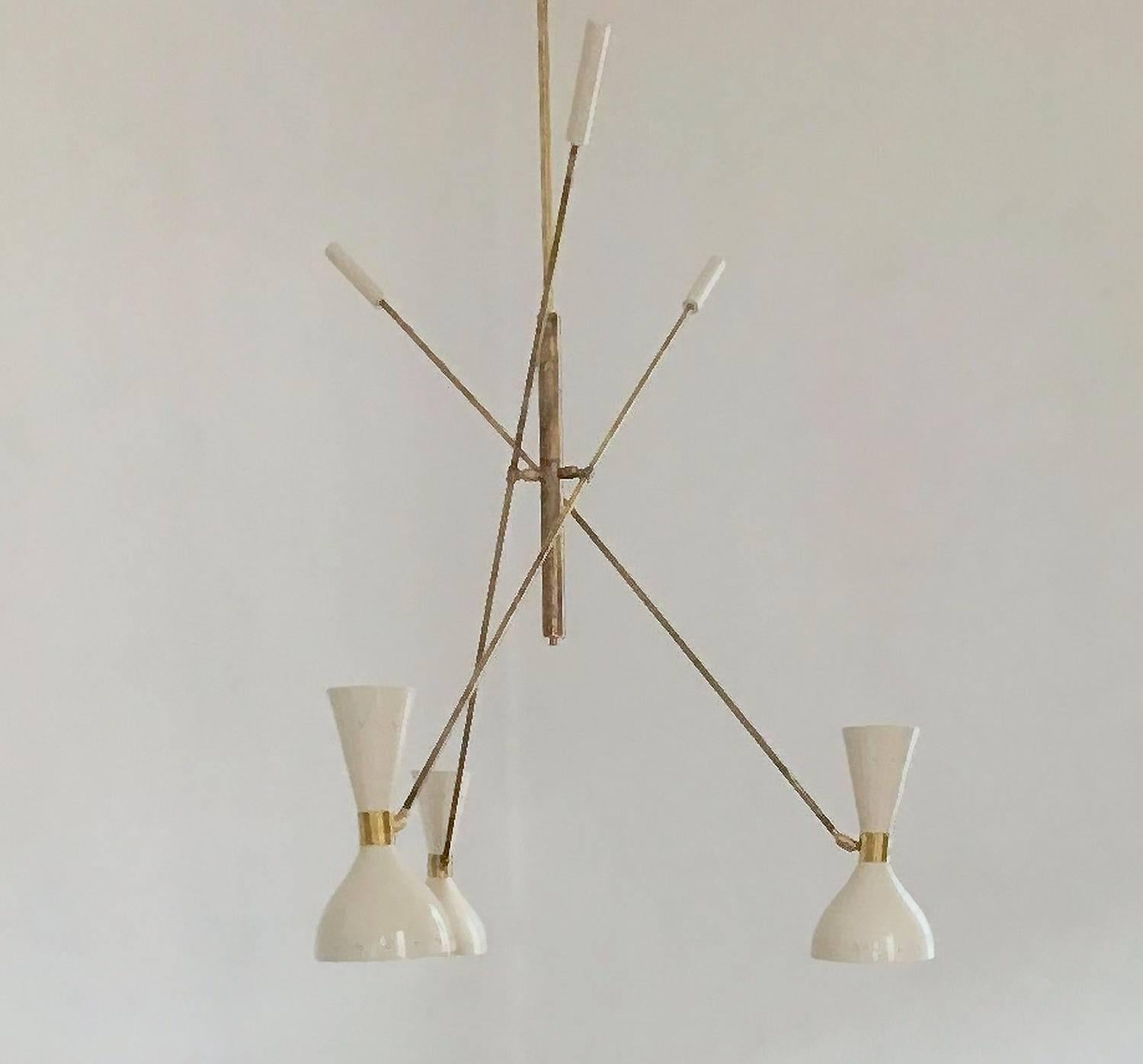 Italian Patinated brass and Ivory, Adjustable Three-Arm 'Triennale' Style Chandelier For Sale