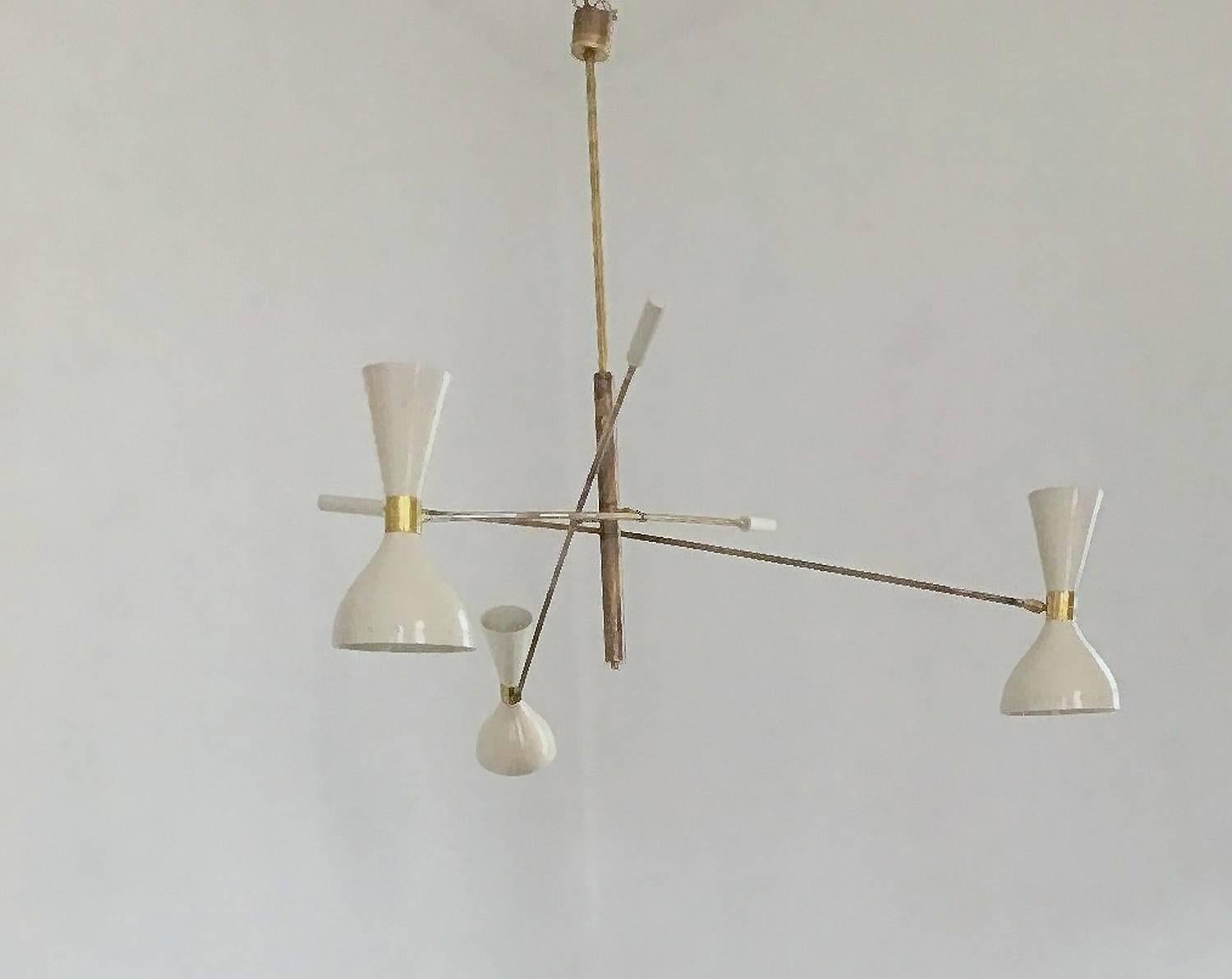 Patinated brass and Ivory, Adjustable Three-Arm 'Triennale' Style Chandelier For Sale 1