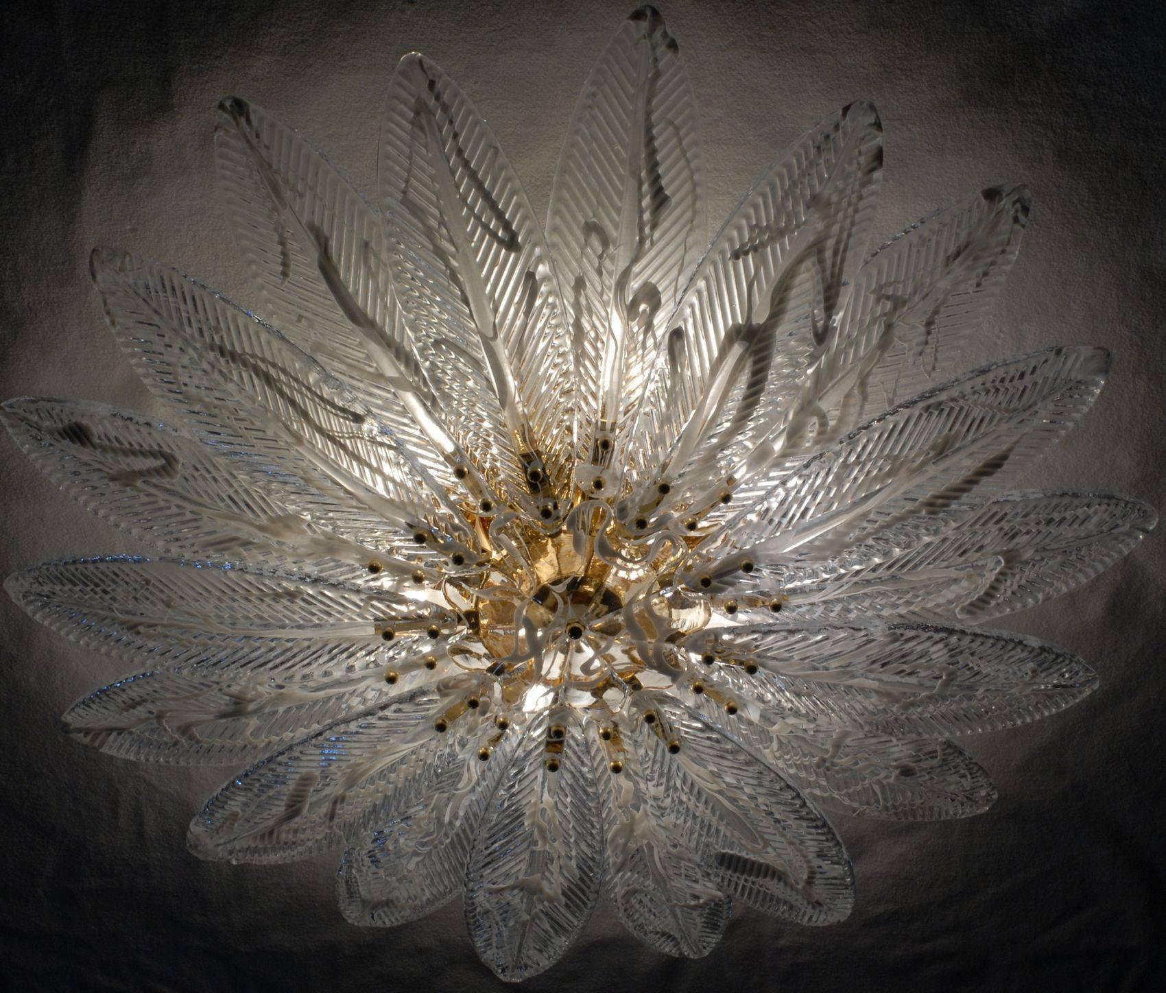 Here the larger version of the successful 12 leaves compact palmette ceiling fixture.

This group of shallow ceiling mount Murano chandelier was first designed for a luxury yacht low ceiling and now is used to pair with Mid-Century Modern Barovier