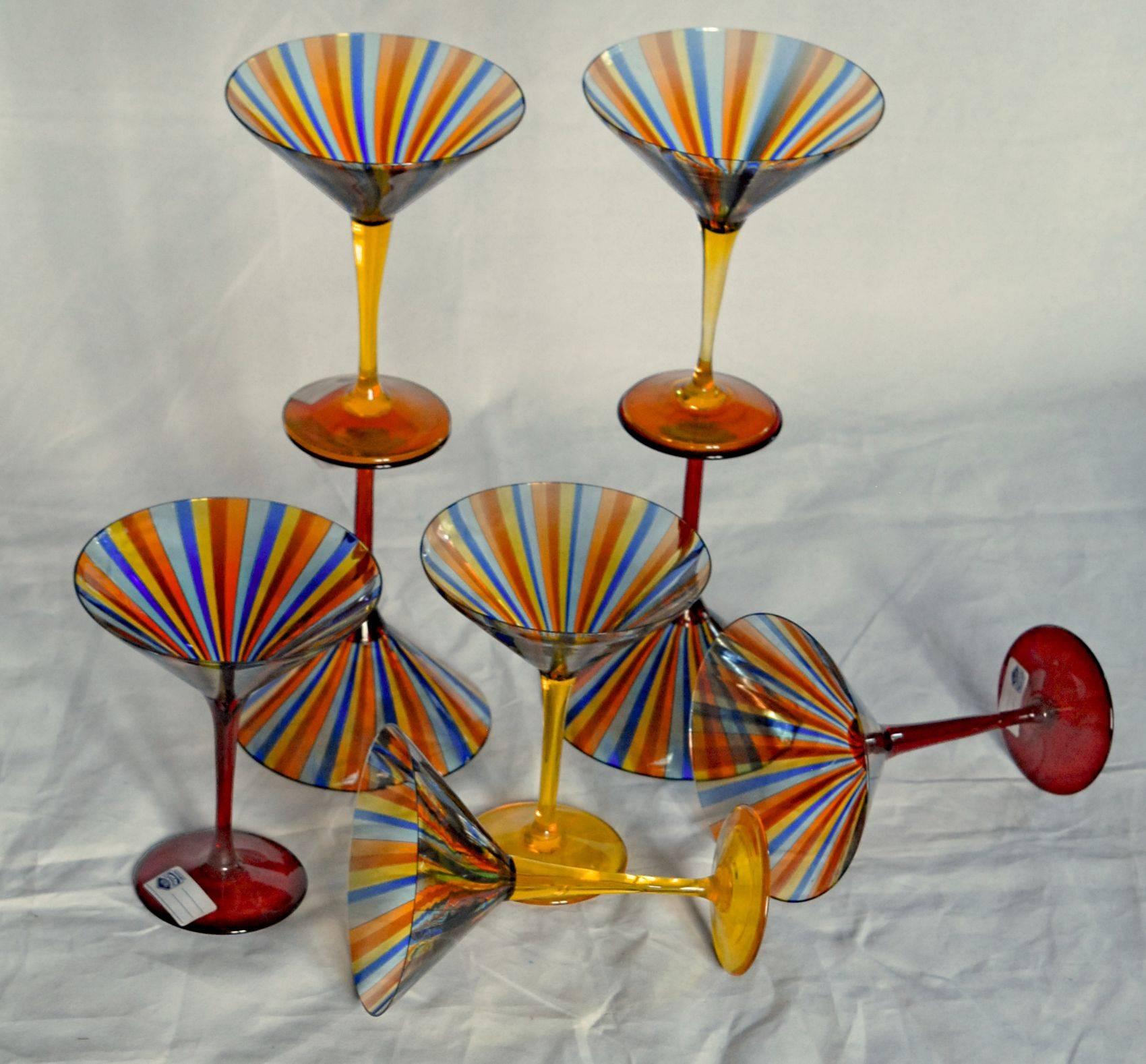 Italian Eight Martini Glass, Cenedese a Canne, Uranium Yellow, Signed, circa 1960