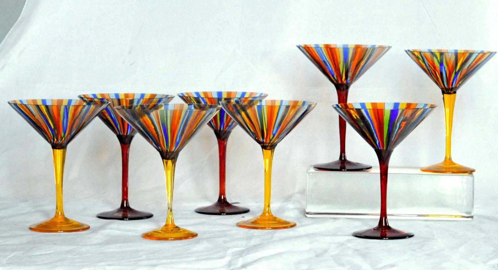 Mid-Century Modern Eight Martini Glass, Cenedese a Canne, Uranium Yellow, Signed, circa 1960