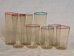 Eight Hexagonal Pagliesco Glasses, Multicolored Rim, Carlo Scarpa 1932 Design