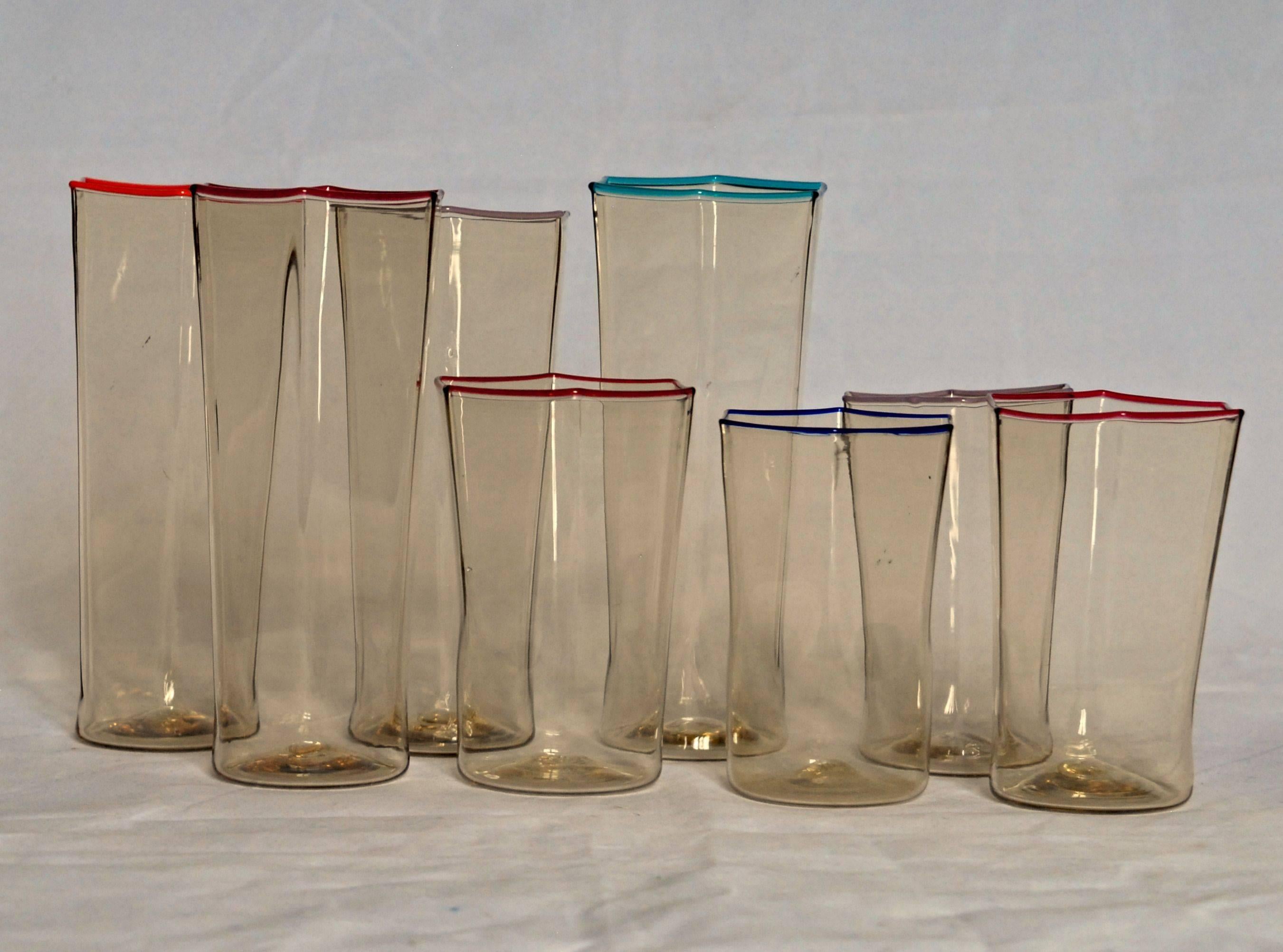 Italian Eight Hexagonal Pagliesco Glasses, Multicolored Rim, Carlo Scarpa 1932 Design