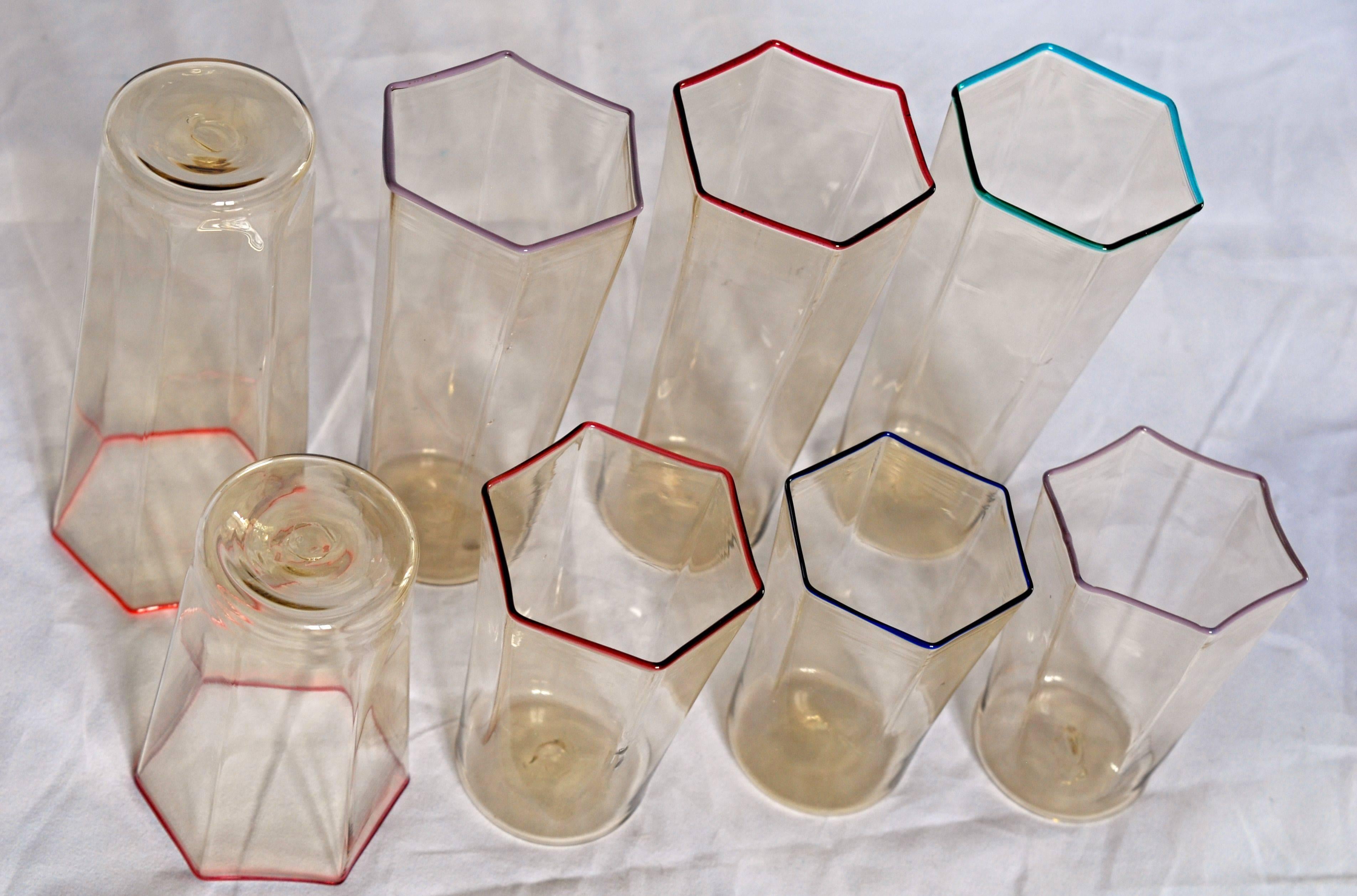 Late 20th Century Eight Hexagonal Pagliesco Glasses, Multicolored Rim, Carlo Scarpa 1932 Design