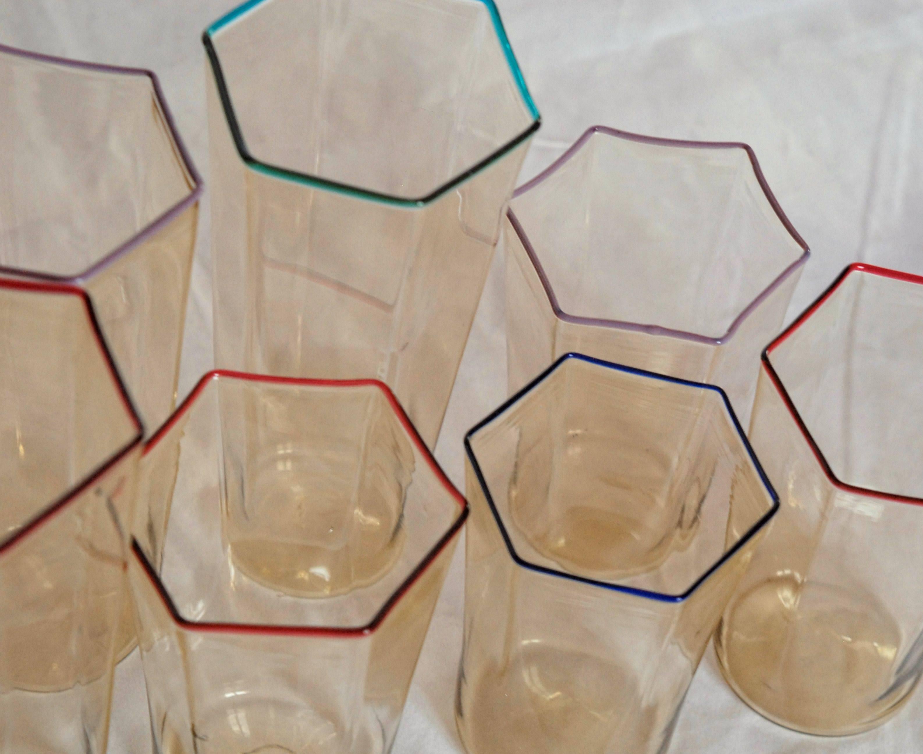 Mid-Century Modern Eight Hexagonal Pagliesco Glasses, Multicolored Rim, Carlo Scarpa 1932 Design