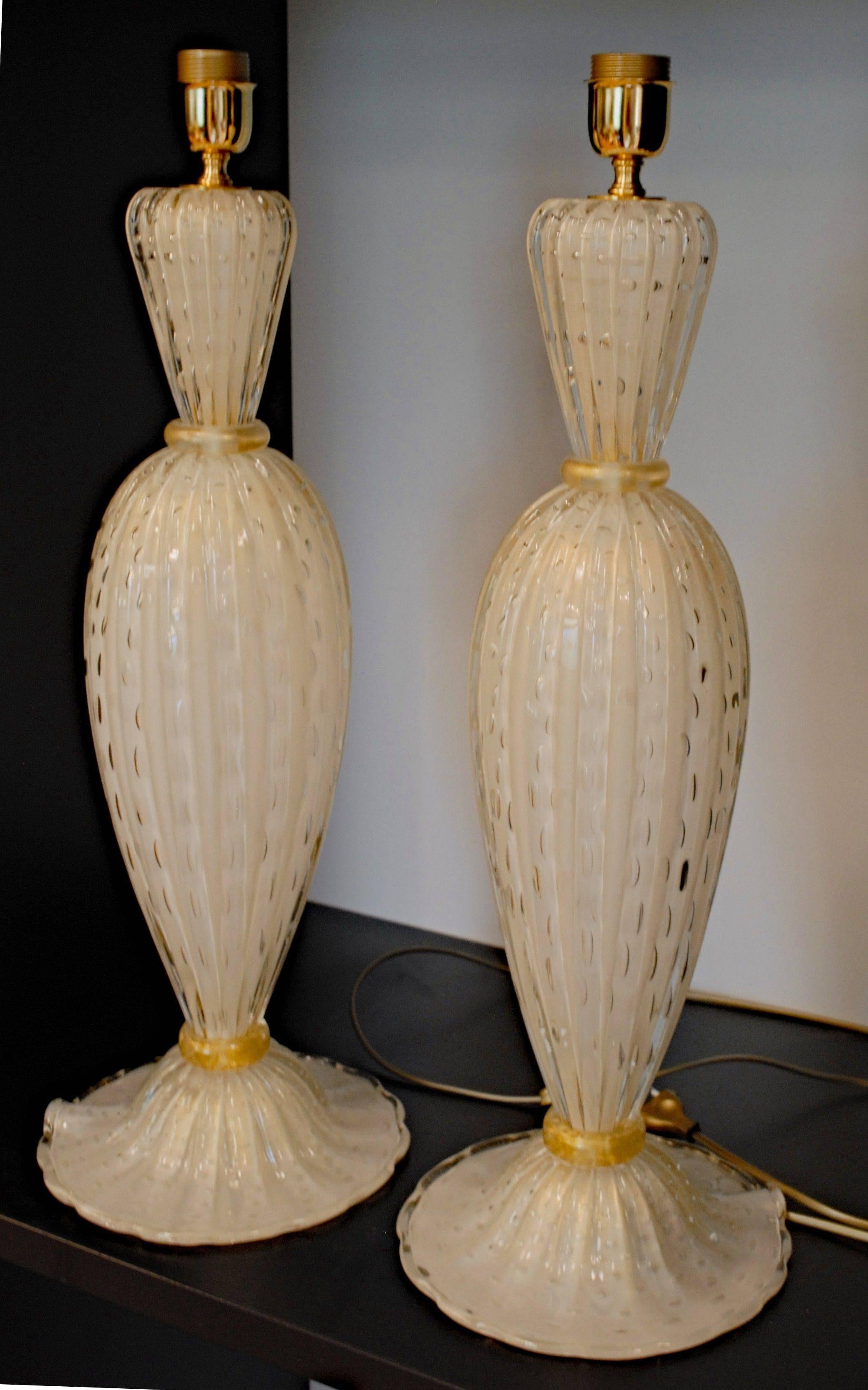 Late 20th Century Alberto Dona Pair of White Ivory Table Lamps, Rigadin Balloton with Gold Leaf