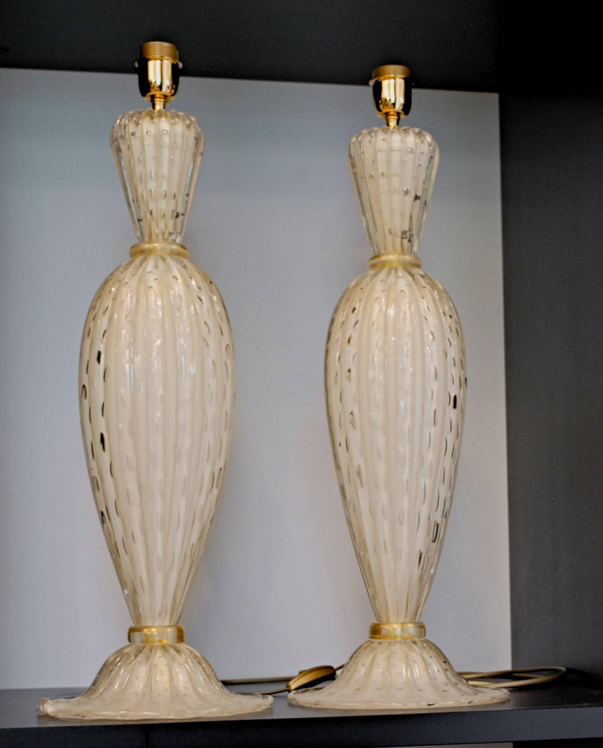 Italian Alberto Dona Pair of White Ivory Table Lamps, Rigadin Balloton with Gold Leaf