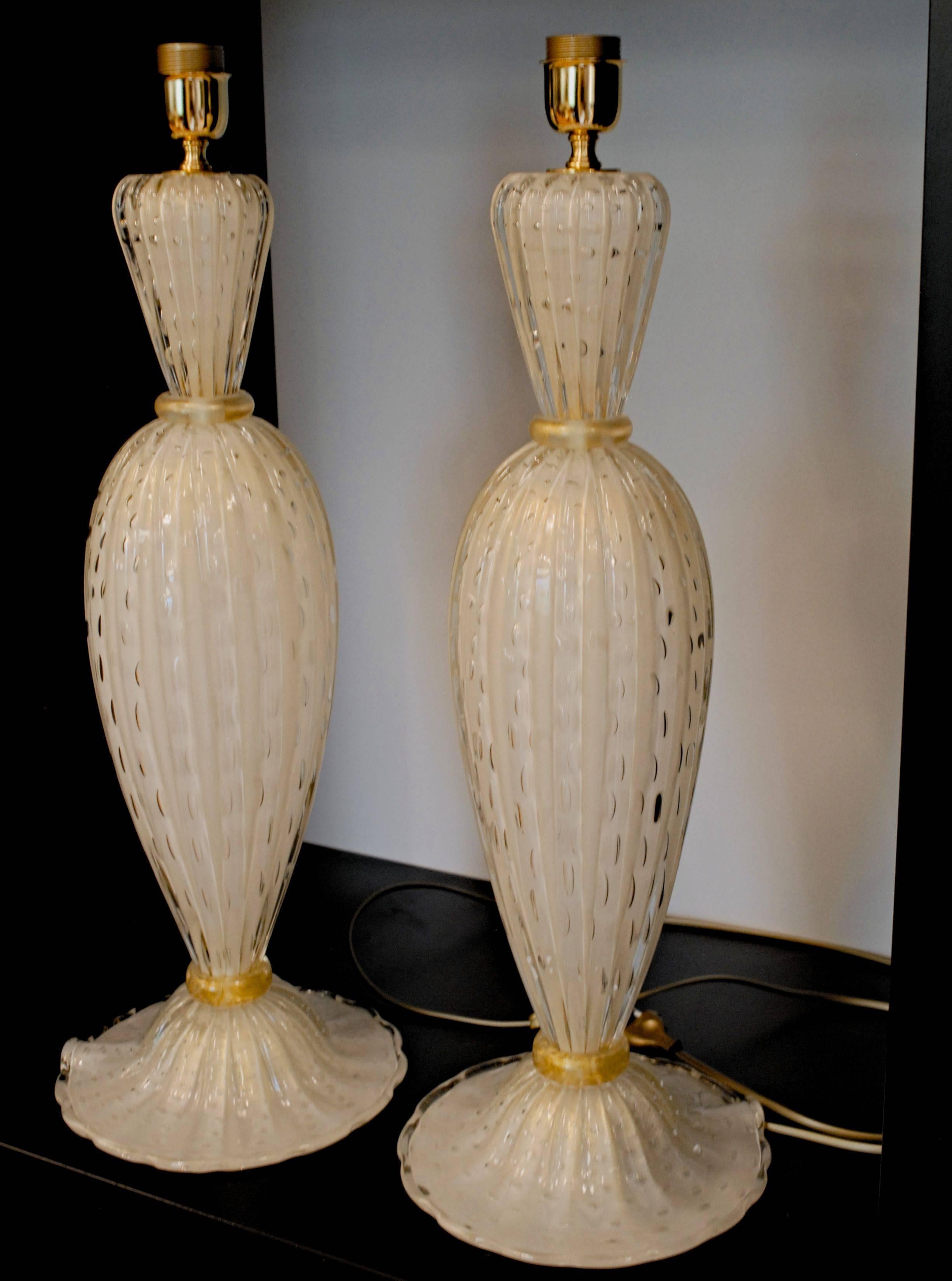 Hand-Crafted Alberto Dona Pair of White Ivory Table Lamps, Rigadin Balloton with Gold Leaf
