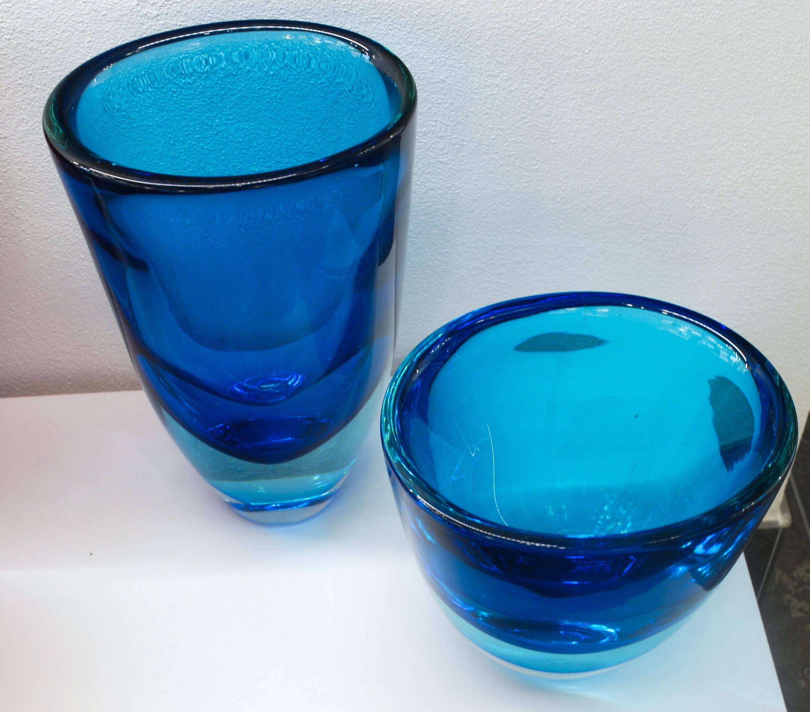 Late 20th Century Stefano Toso Pair of Sommerso Acquamare and Cobalt Vases, Massiccio with Sbruffi
