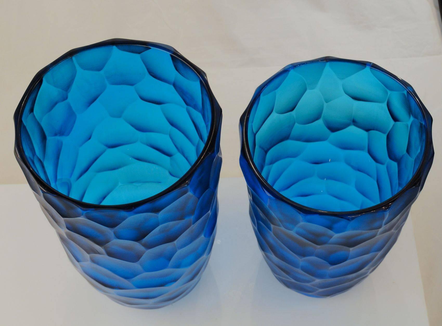 Two Vases, Deep Acquamarine, Murano, Battuto, Alberto Dona 1