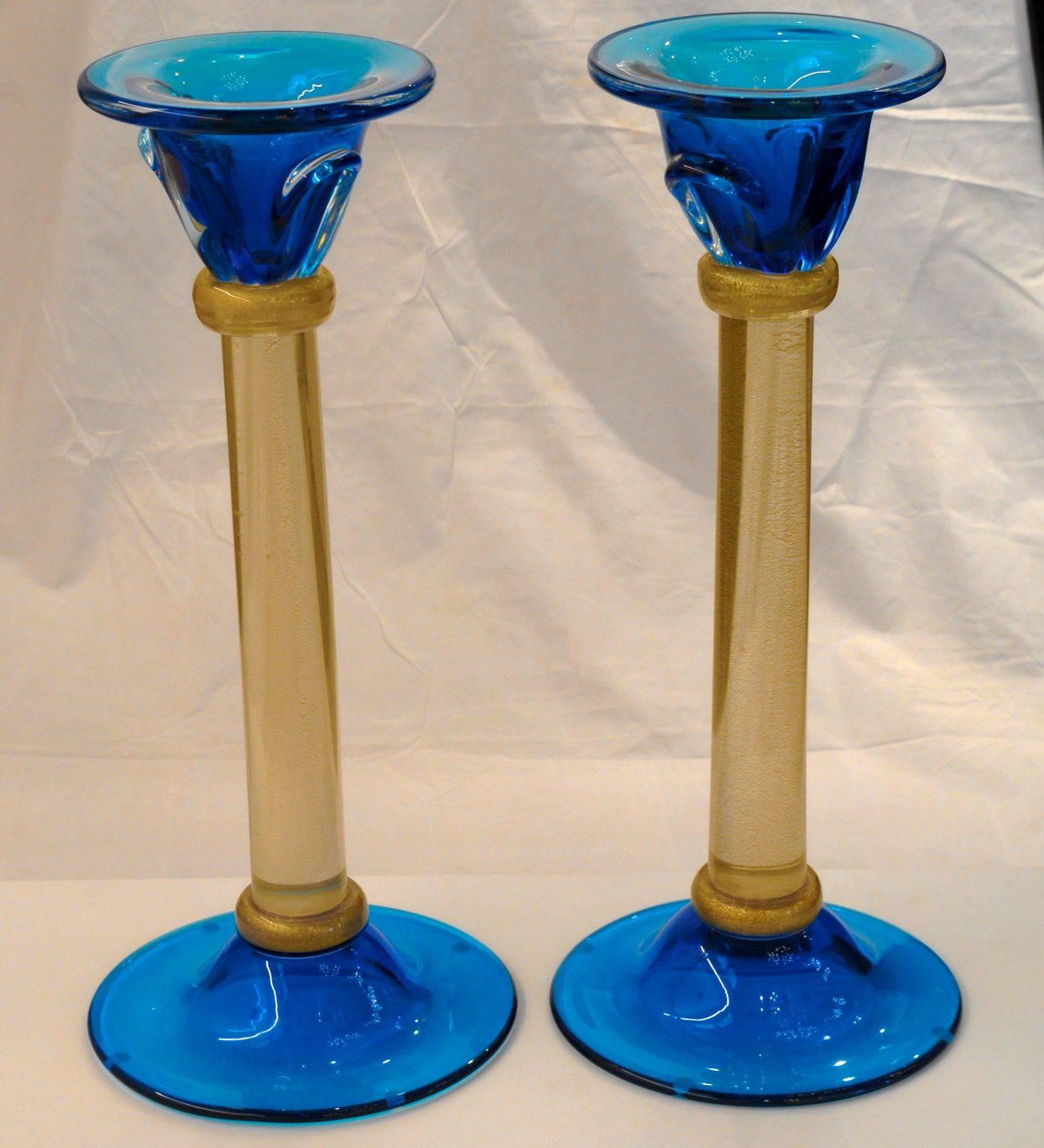 Modern Luxury Pair of Candlesticks, Romano Dona, Masaccio, Cobalt Gold Leaf, Murano