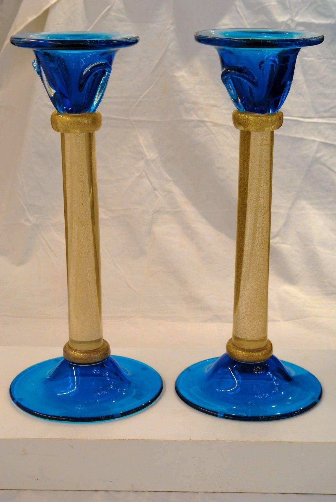 Luxury Pair of Candlesticks, Romano Dona, Masaccio, Cobalt Gold Leaf, Murano In Excellent Condition In Tavarnelle val di Pesa, Florence