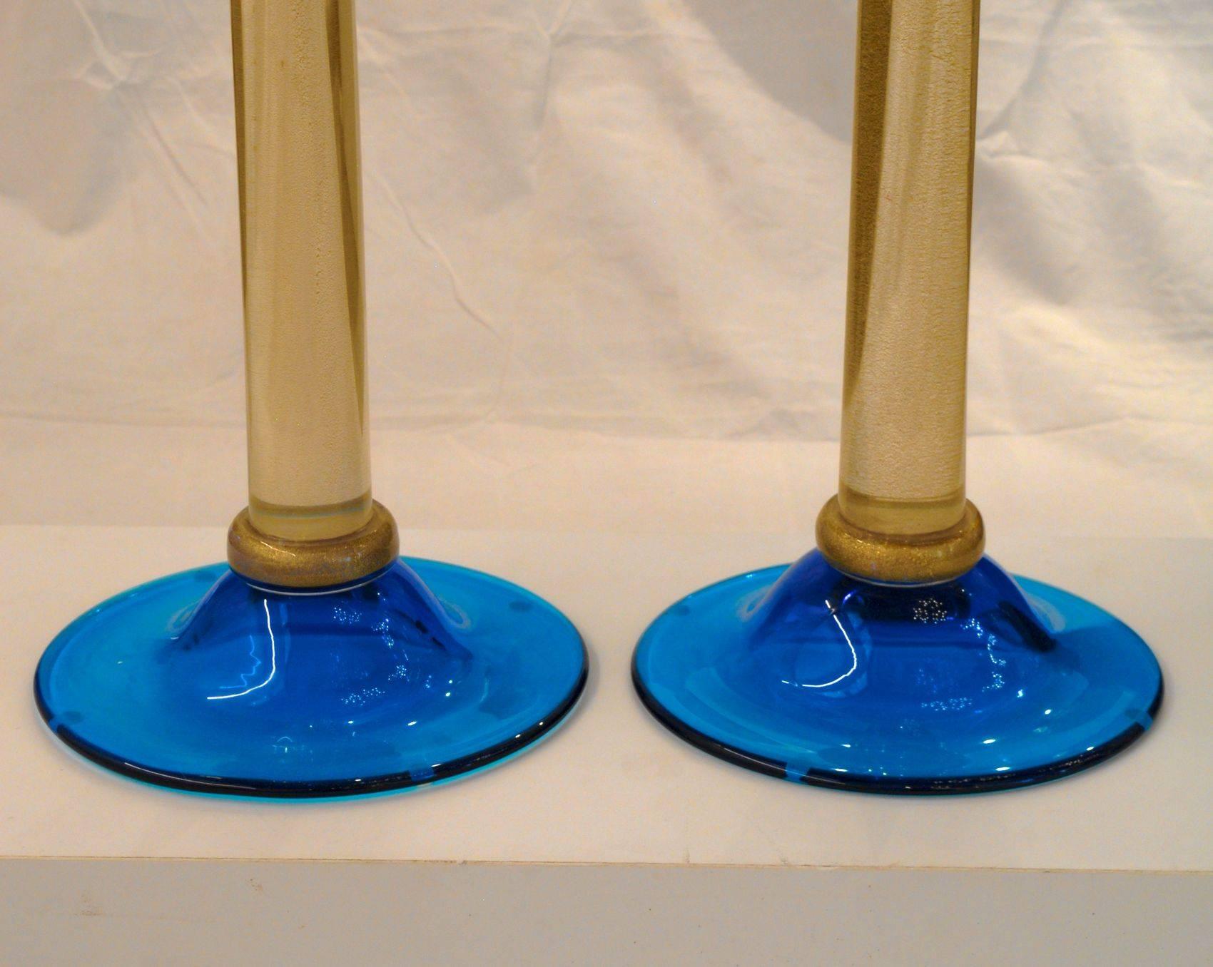 Murano Glass Luxury Pair of Candlesticks, Romano Dona, Masaccio, Cobalt Gold Leaf, Murano