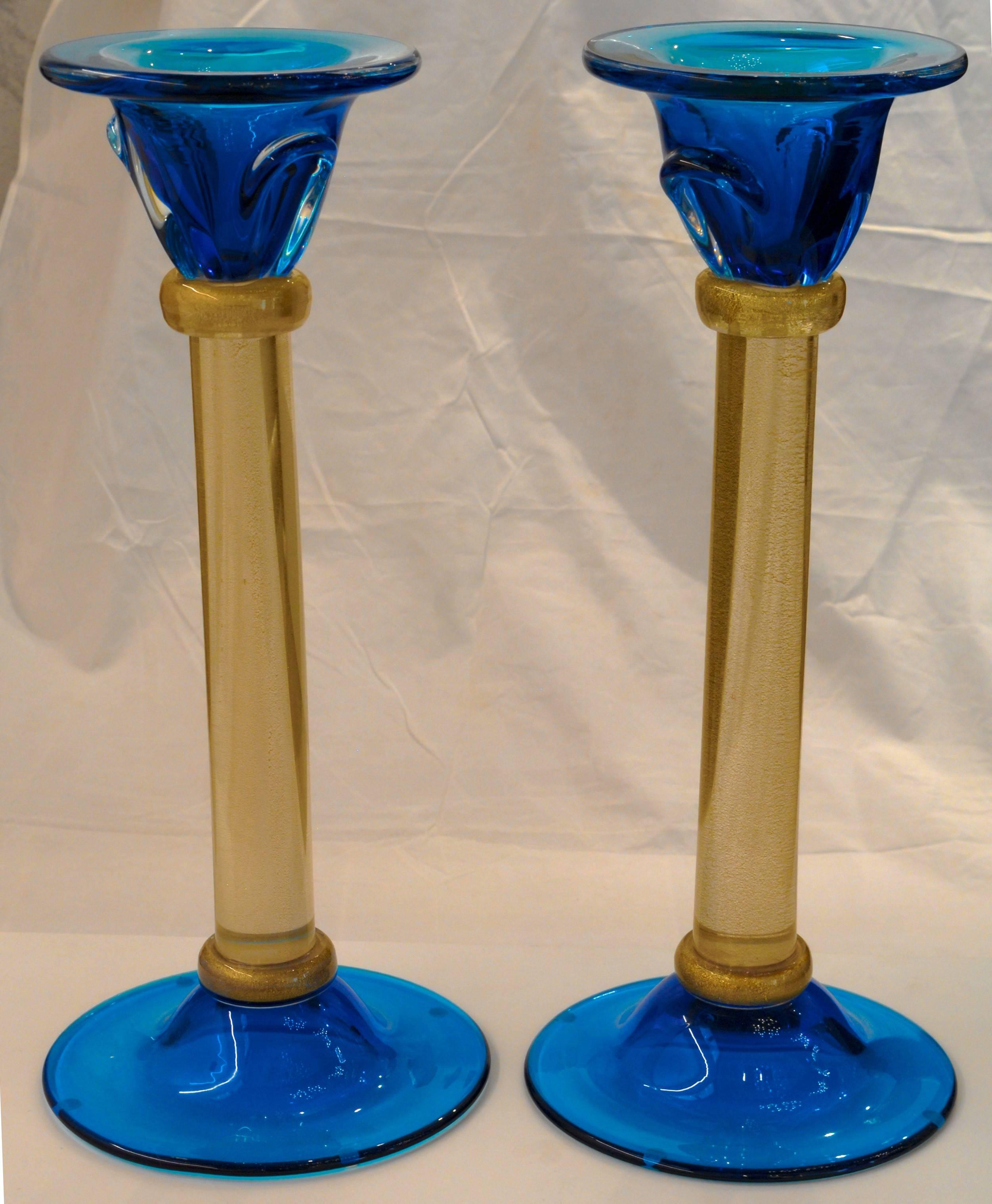 Luxury Pair of Candlesticks, Romano Dona, Masaccio, Cobalt Gold Leaf, Murano 2