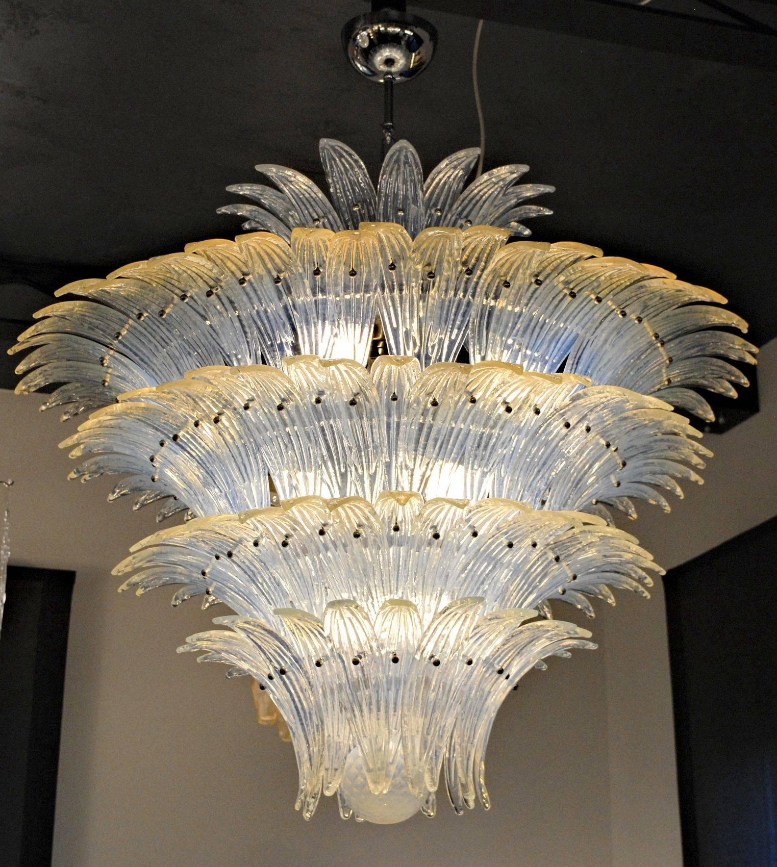 Mid-Century Modern Large Palmette Opaline Murano Chandelier, Barovier Style, Baloton Sphere Finial