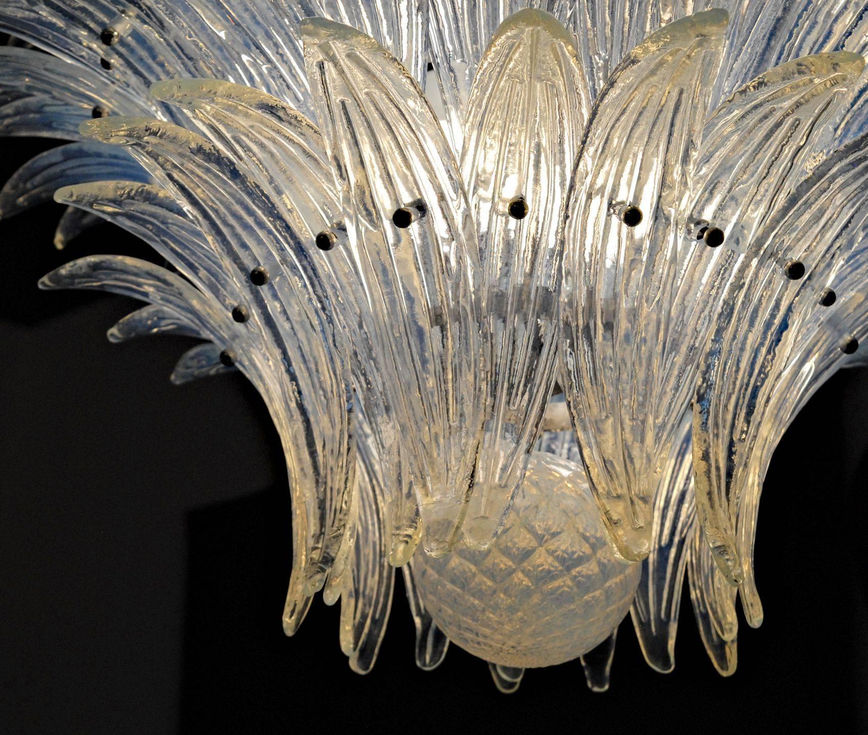 Late 20th Century Large Palmette Opaline Murano Chandelier, Barovier Style, Baloton Sphere Finial