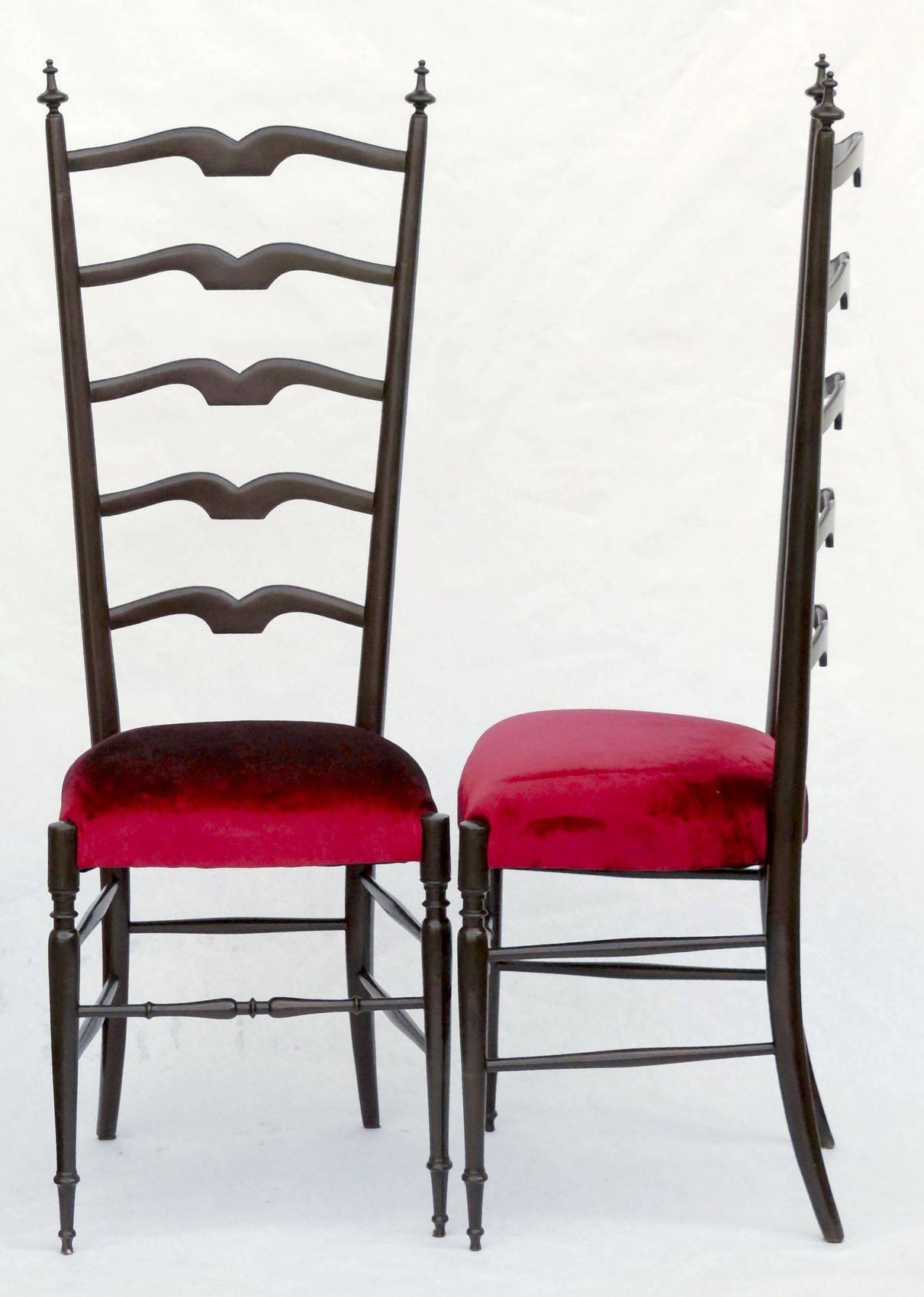 Italian Paolo Buffa, Pair of Chiavari Hall Side Chairs, Restored, French Polish, Velvet