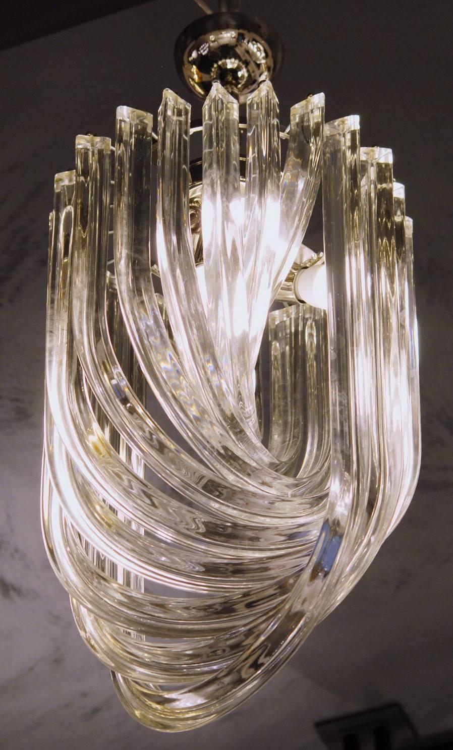 Murano Glass Carlo Nason Certified, Pair of Mid-century Curvati Chandeliers Clear Triedri, 80