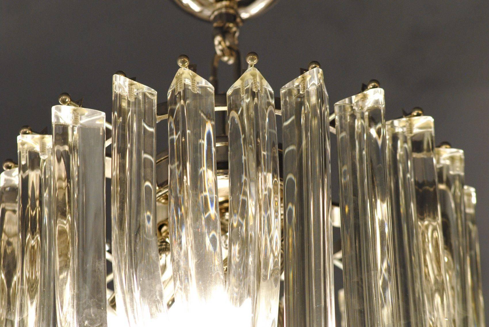 Italian Carlo Nason Certified, Pair of Mid-century Curvati Chandeliers Clear Triedri, 80