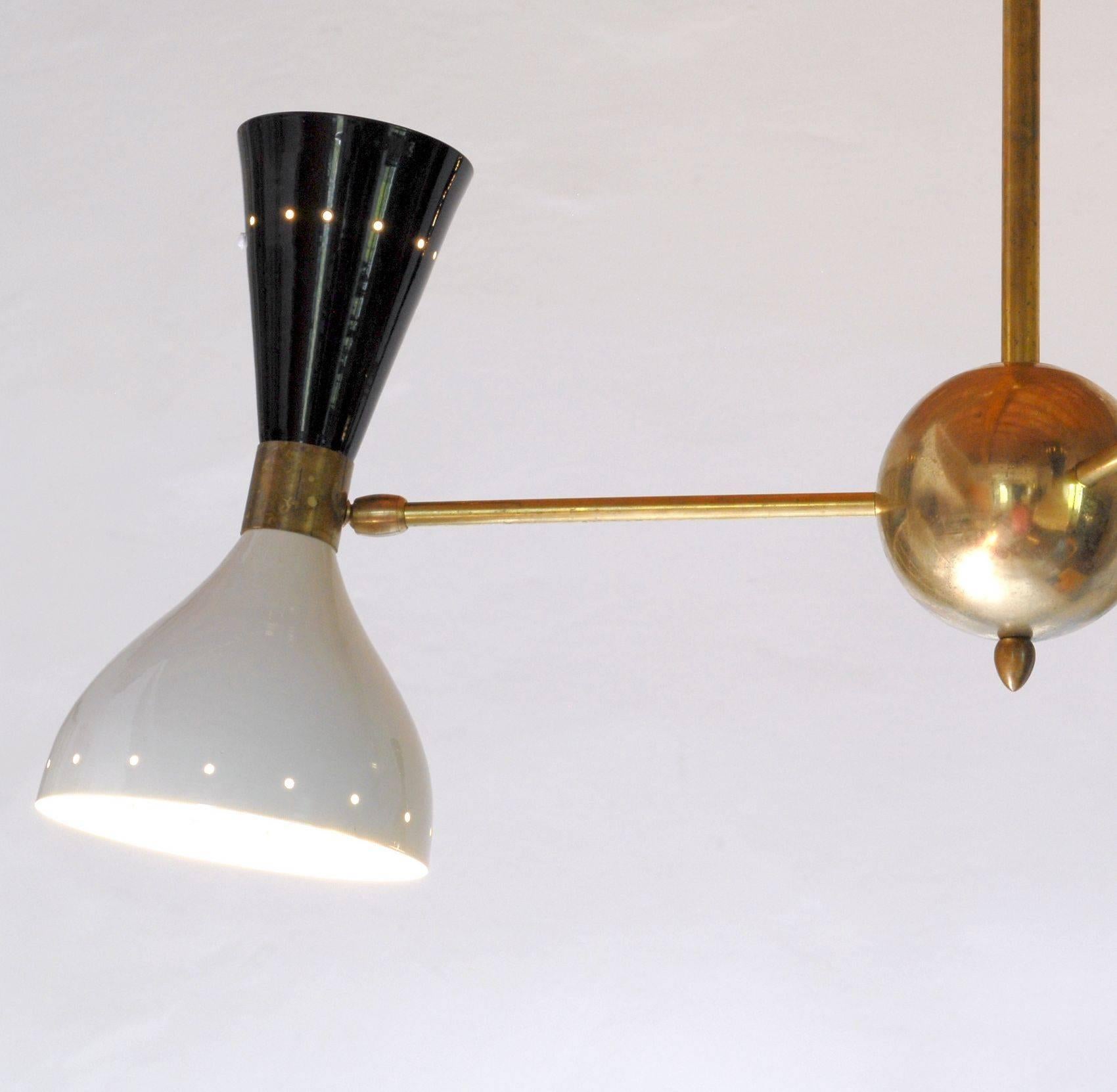 Contemporary Chandelier, Black Ivory Pivoting Shades, Twin Bulb, Patina Brass, Stilnovo Style For Sale